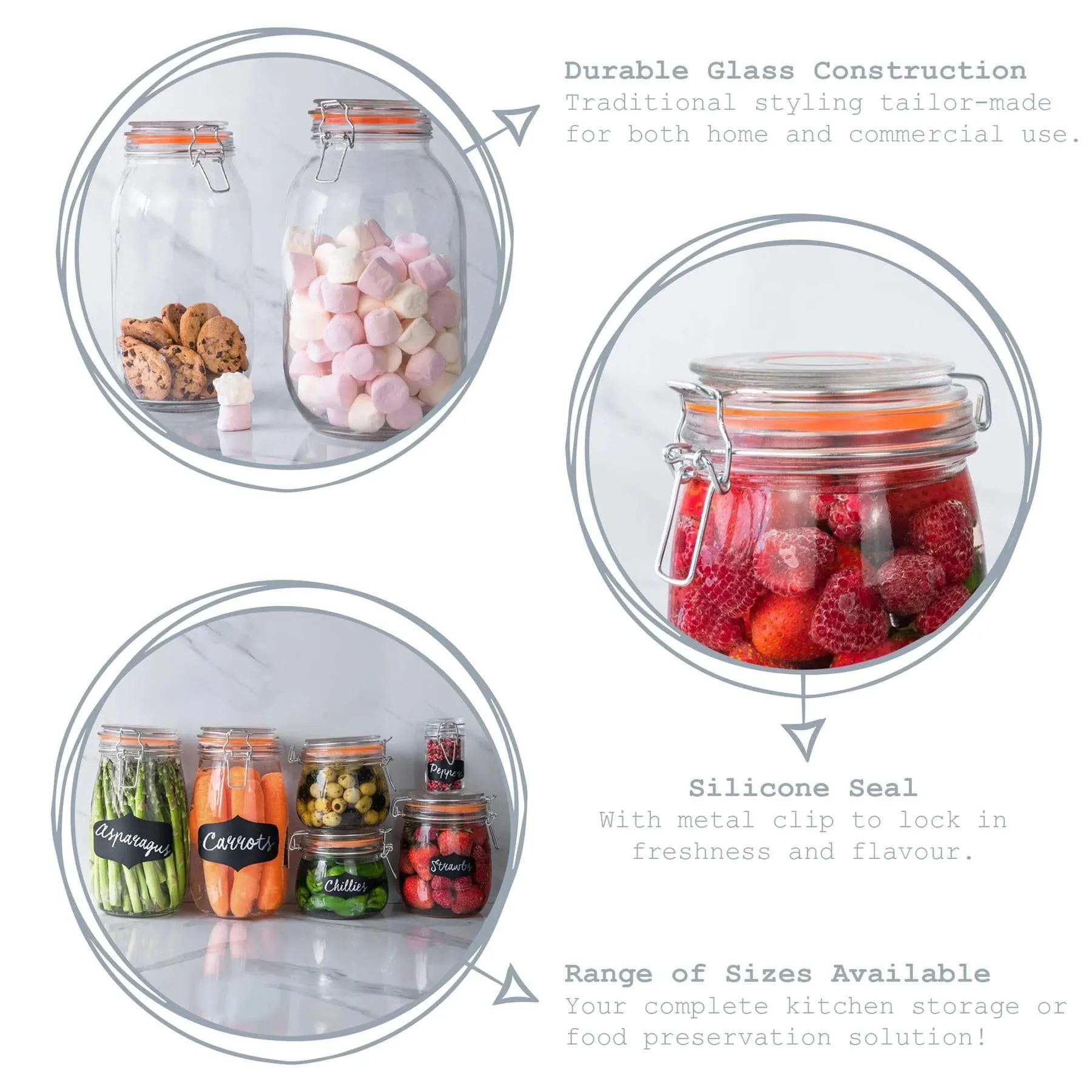 1.5L Glass Storage Jars   Four Free Coloured Seals Per Jar - Pack of Three