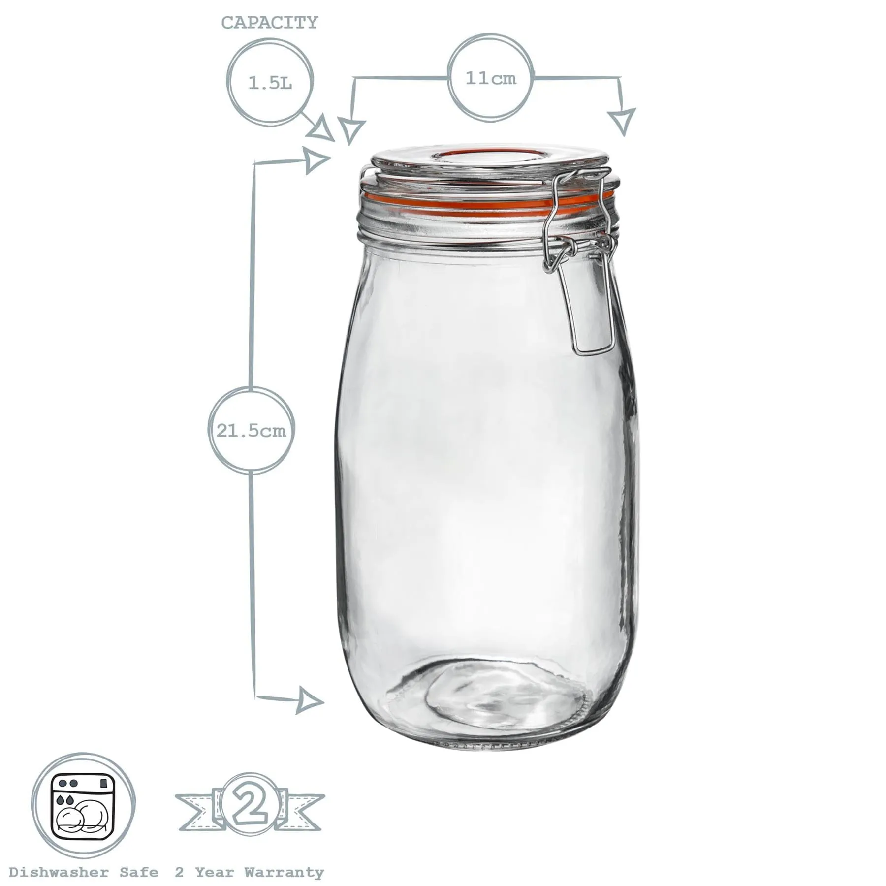 1.5L Glass Storage Jars   Four Free Coloured Seals Per Jar - Pack of Three