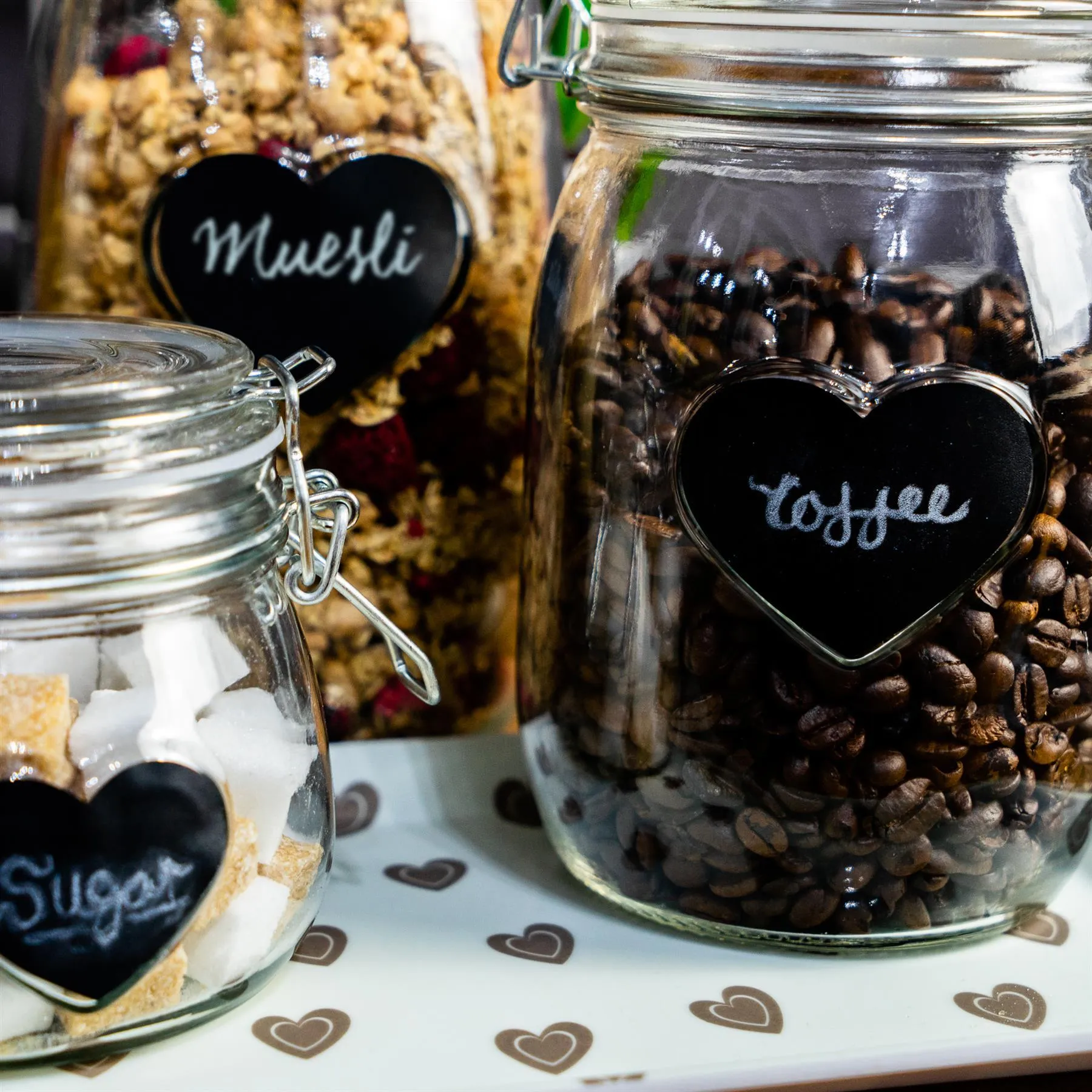 1L Glass Storage Jar with Embossed Heart Detail & Label - Pack of Six - By Nicola Spring