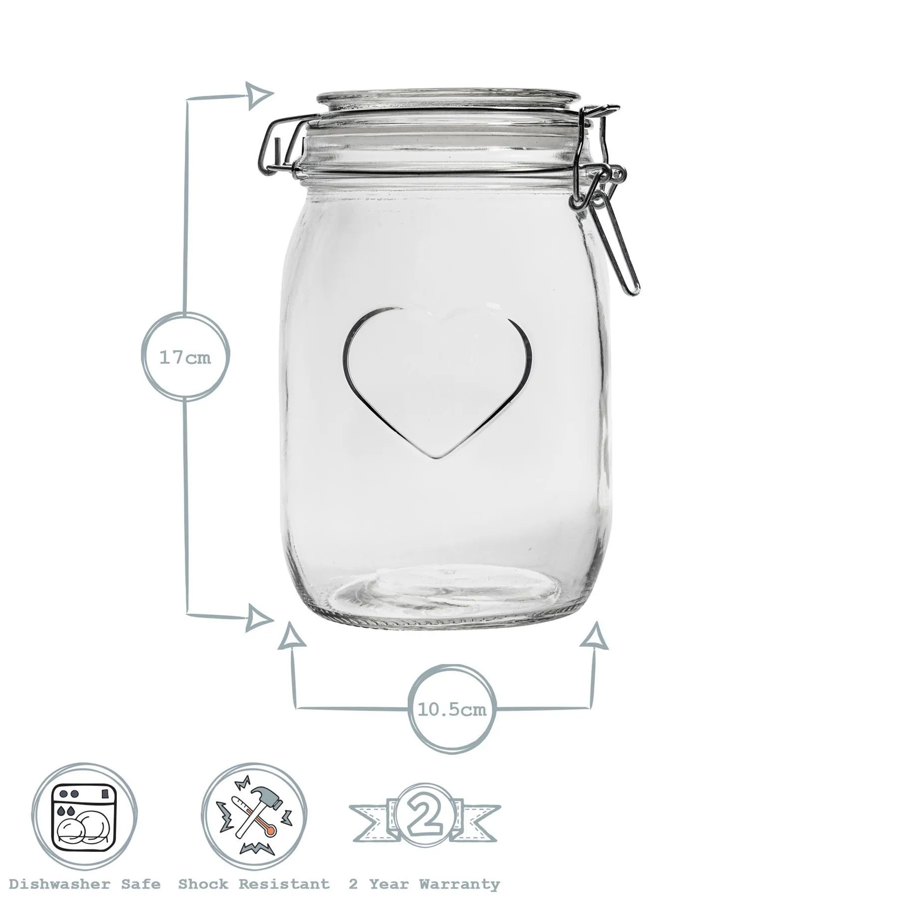 1L Glass Storage Jar with Embossed Heart Detail & Label - Pack of Six - By Nicola Spring