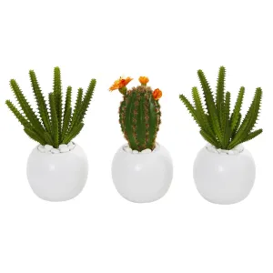 8” Cactus Succulent Artificial Plant in White Planter (Set of 3)