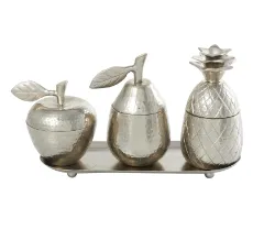 ALUMINUM FRUIT SCULPTURE WITH MATCHING LEAF TRAY, SET