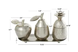 ALUMINUM FRUIT SCULPTURE WITH MATCHING LEAF TRAY, SET