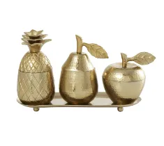 ALUMINUM FRUIT SCULPTURE WITH MATCHING LEAF TRAY, SET