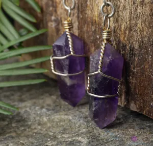 AMETHYST Crystal Earrings - Wire Wrapped Jewelry, Crystal Points, Dangle Earrings, Birthstone Earrings, E0201