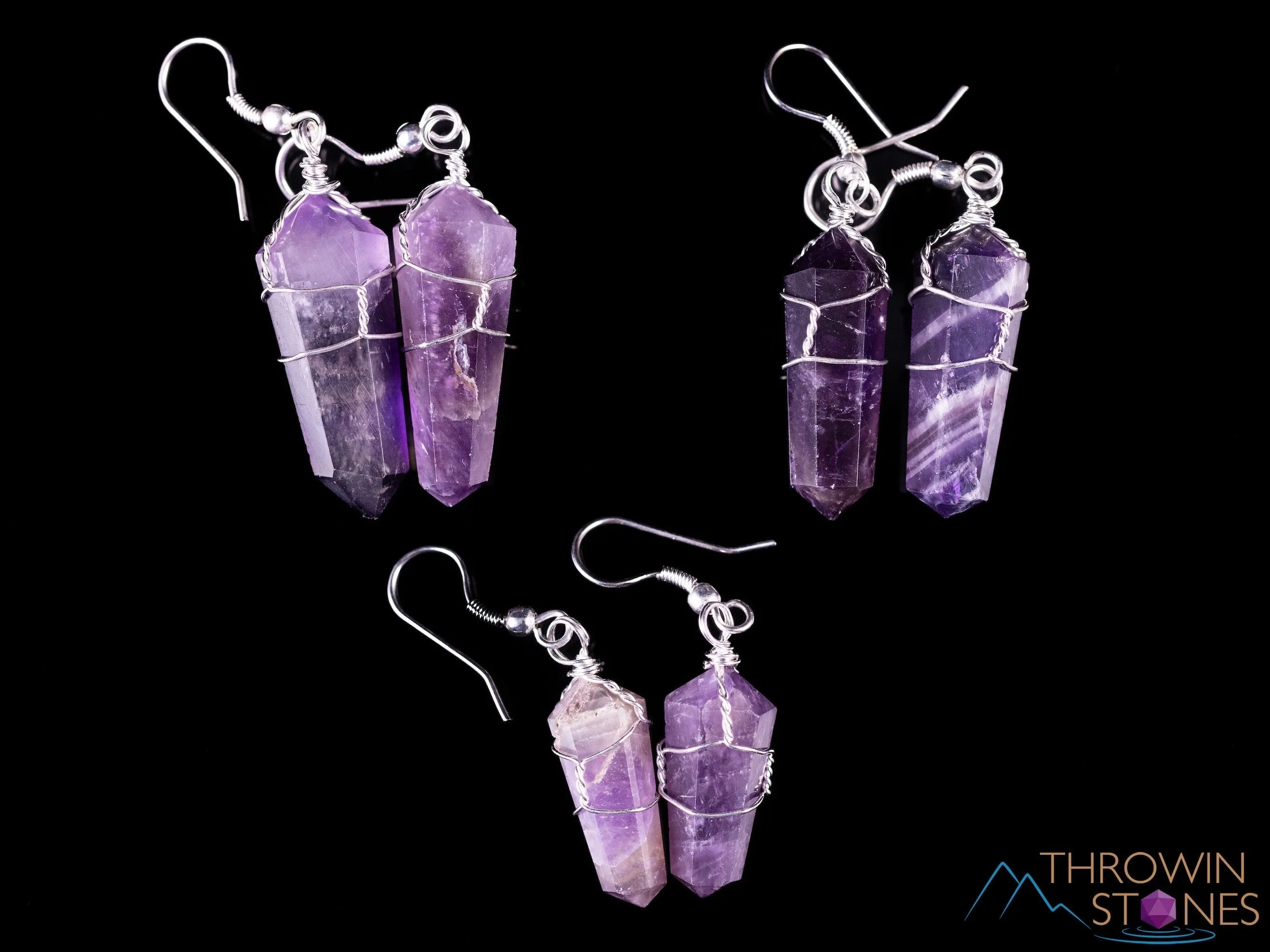 AMETHYST Crystal Earrings - Wire Wrapped Jewelry, Crystal Points, Dangle Earrings, Birthstone Earrings, E0201