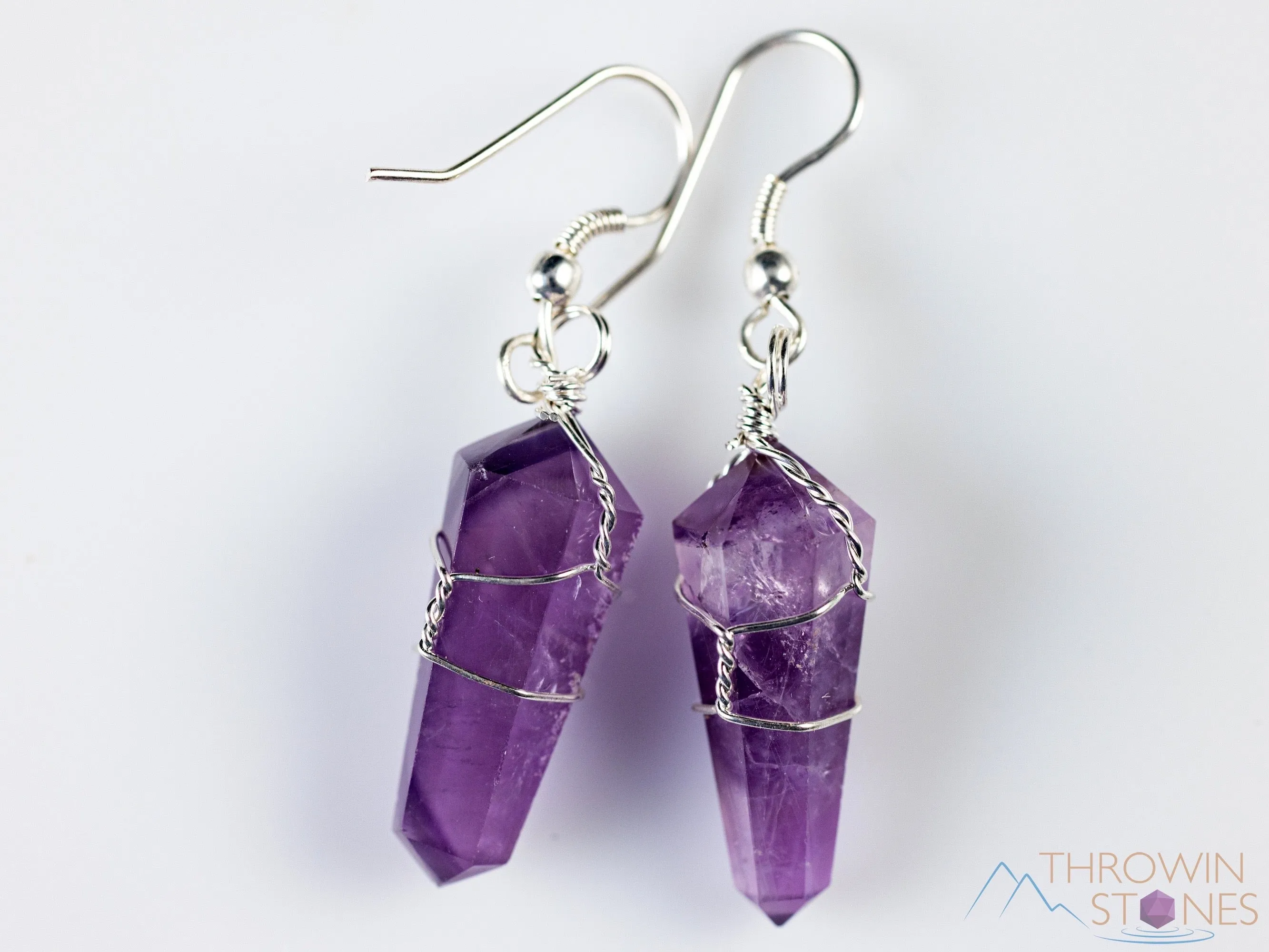 AMETHYST Crystal Earrings - Wire Wrapped Jewelry, Crystal Points, Dangle Earrings, Birthstone Earrings, E0201