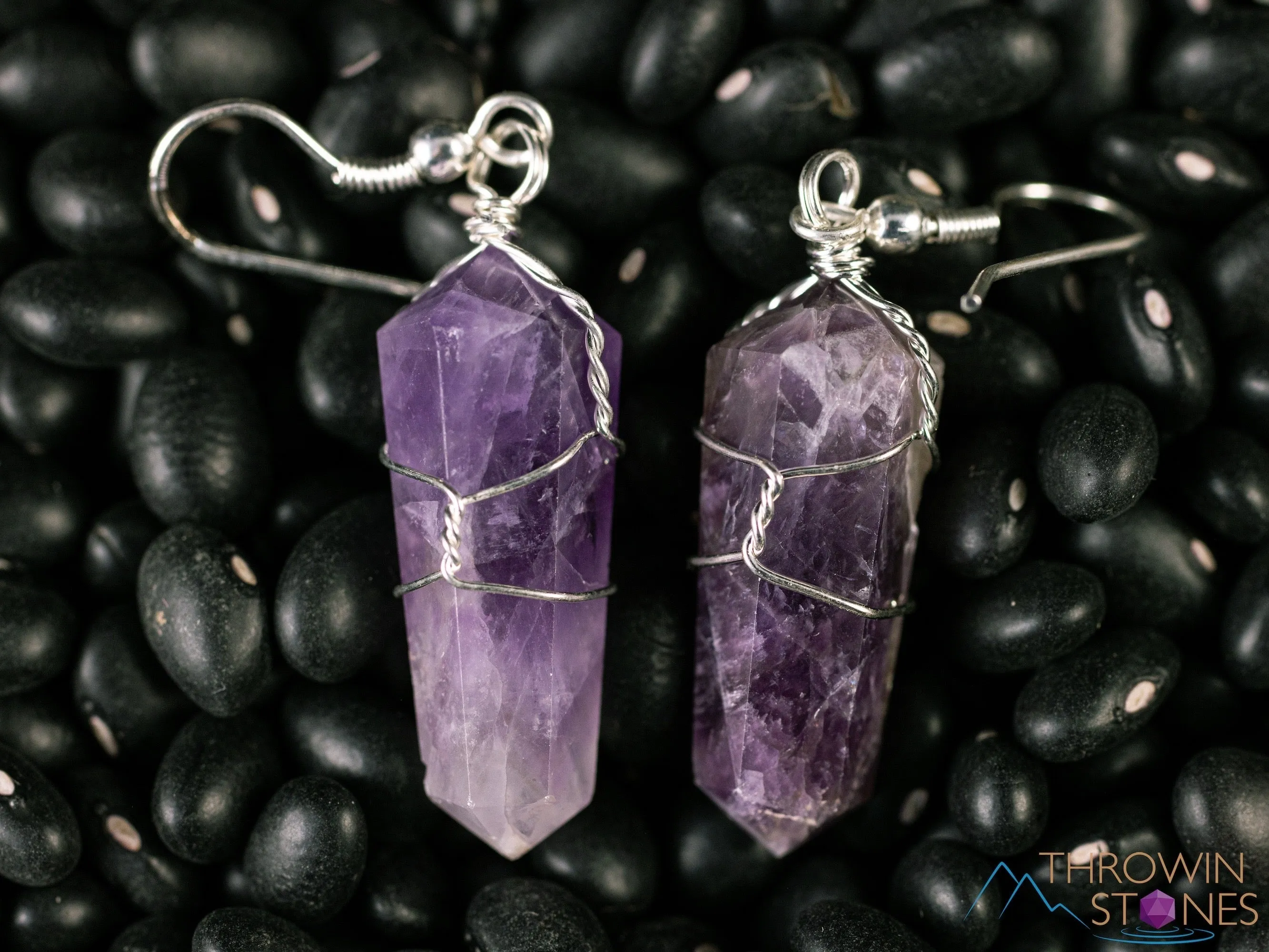 AMETHYST Crystal Earrings - Wire Wrapped Jewelry, Crystal Points, Dangle Earrings, Birthstone Earrings, E0201