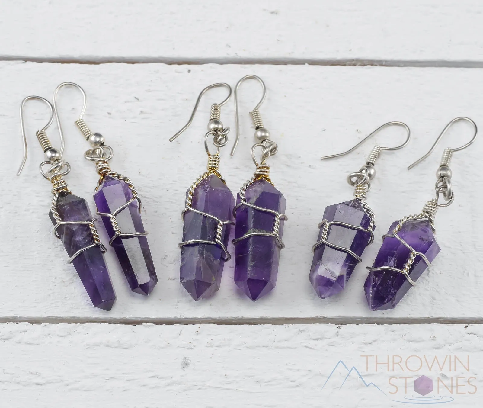 AMETHYST Crystal Earrings - Wire Wrapped Jewelry, Crystal Points, Dangle Earrings, Birthstone Earrings, E0201