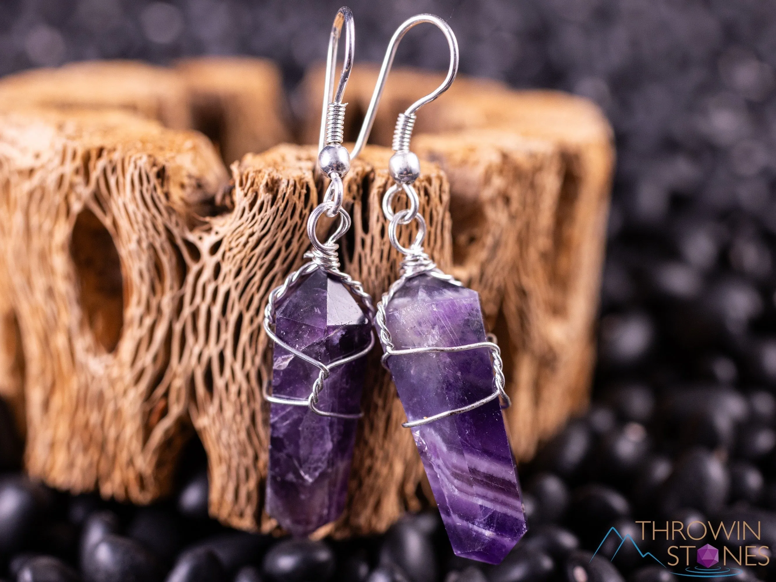 AMETHYST Crystal Earrings - Wire Wrapped Jewelry, Crystal Points, Dangle Earrings, Birthstone Earrings, E0201