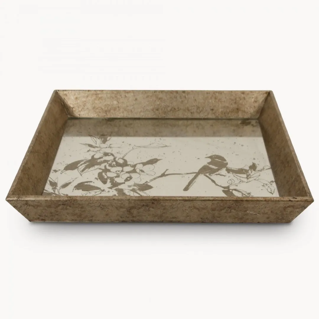 Antiqued Square Tray with Mirrored Bird Pattern