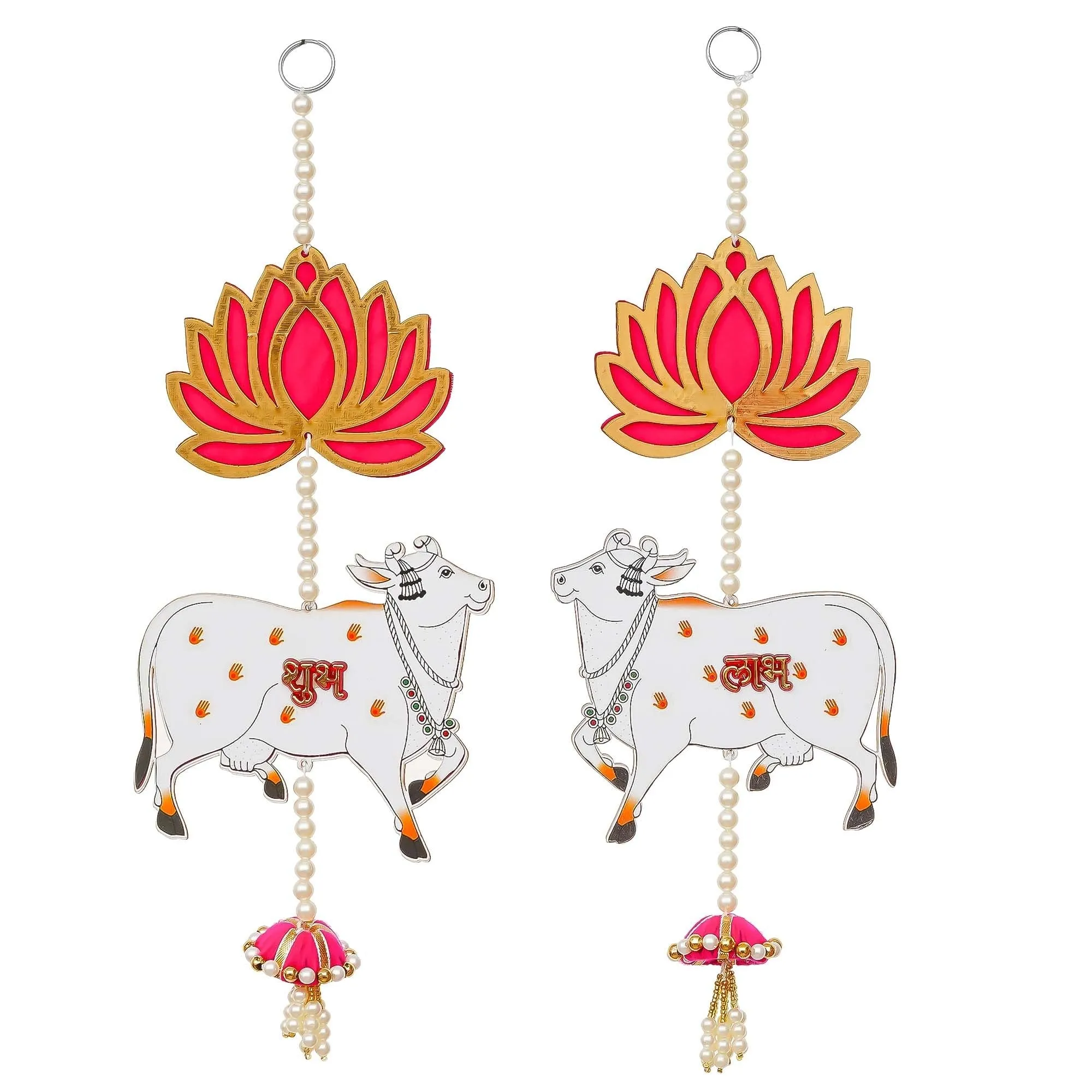 Artisyn Lotus, Cow, Pink Tassel Style Shubh Labh Hanging for Diwali Ganesh Chaturthi Navratri Decoration- Floral Wall Hangings for Home Temple Main Door Entrance-Diwali Decoration Items- Pack of 1