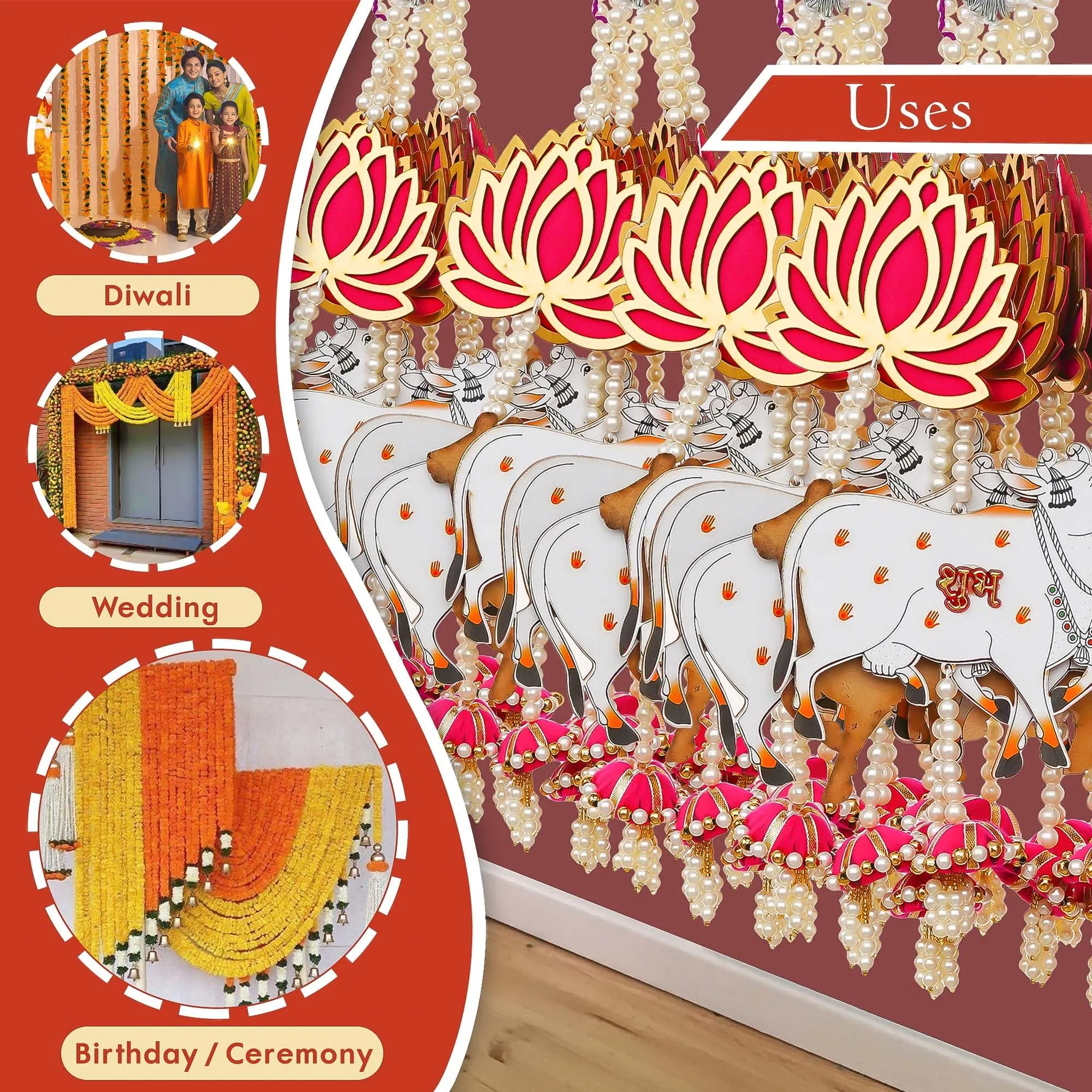 Artisyn Lotus, Cow, Pink Tassel Style Shubh Labh Hanging for Diwali Ganesh Chaturthi Navratri Decoration- Floral Wall Hangings for Home Temple Main Door Entrance-Diwali Decoration Items- Pack of 1