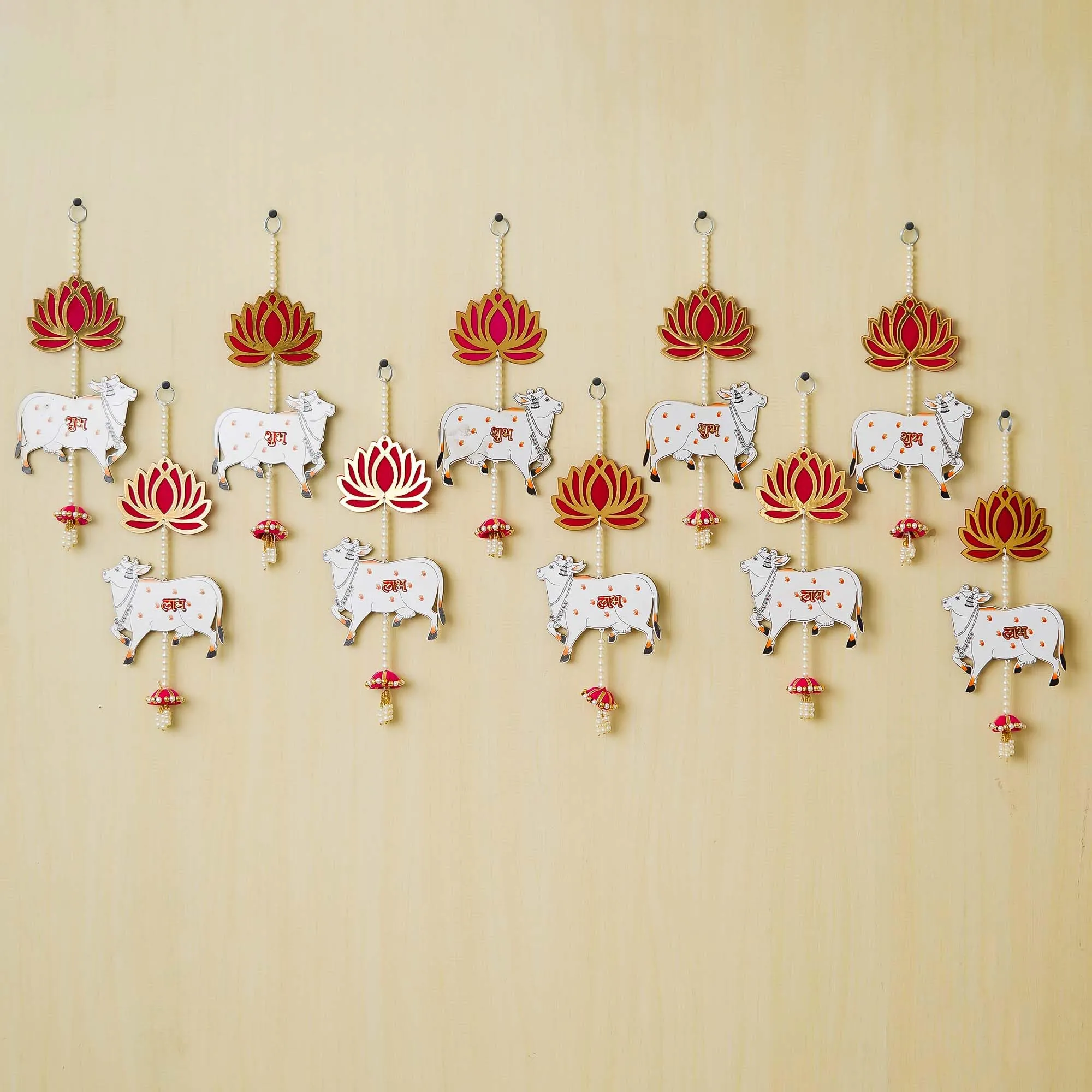 Artisyn Lotus, Cow, Pink Tassel Style Shubh Labh Hanging for Diwali Ganesh Chaturthi Navratri Decoration- Floral Wall Hangings for Home Temple Main Door Entrance-Diwali Decoration Items- Pack of 1