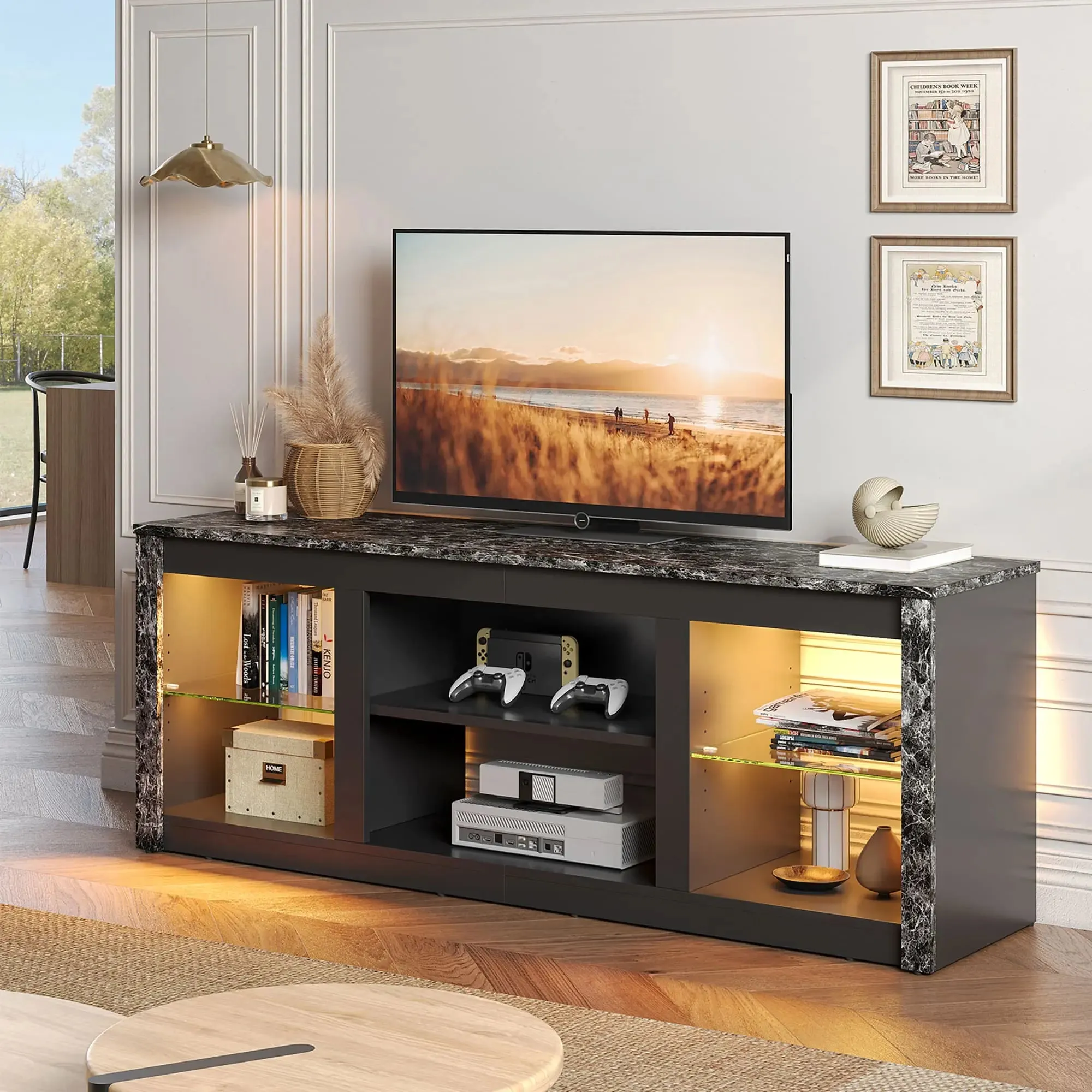 Bestier 63 Inch LED TV Stand with Glass Shelves