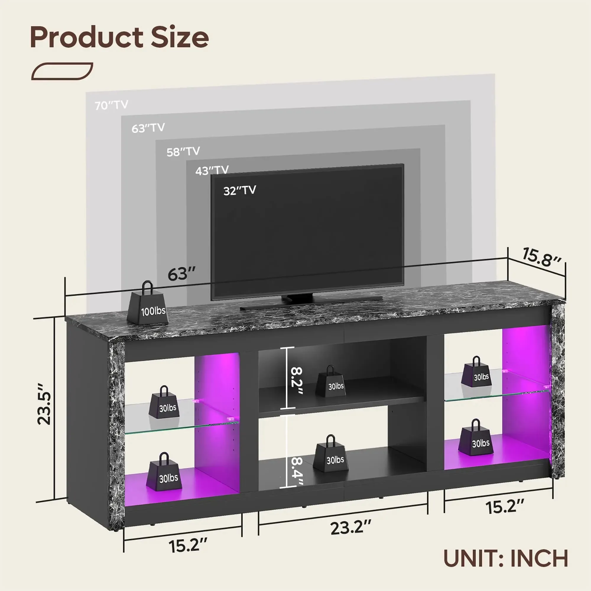 Bestier 63 Inch LED TV Stand with Glass Shelves