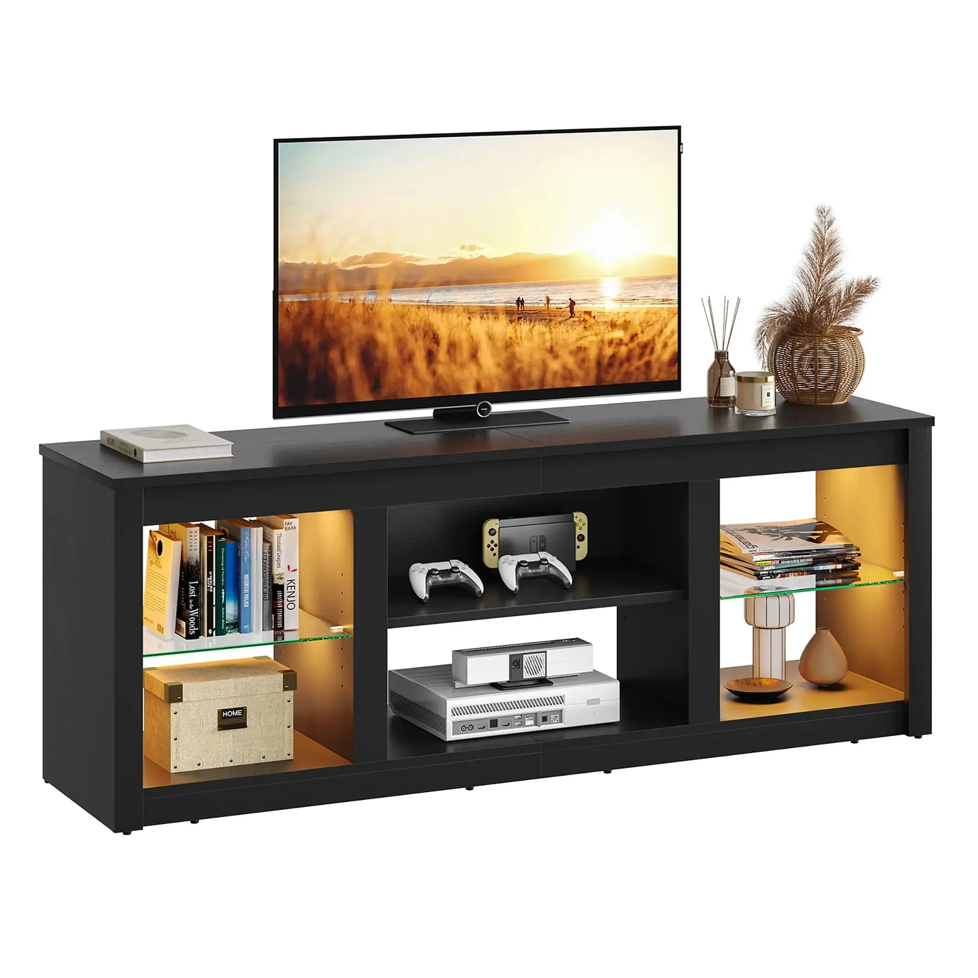 Bestier 63 Inch LED TV Stand with Glass Shelves