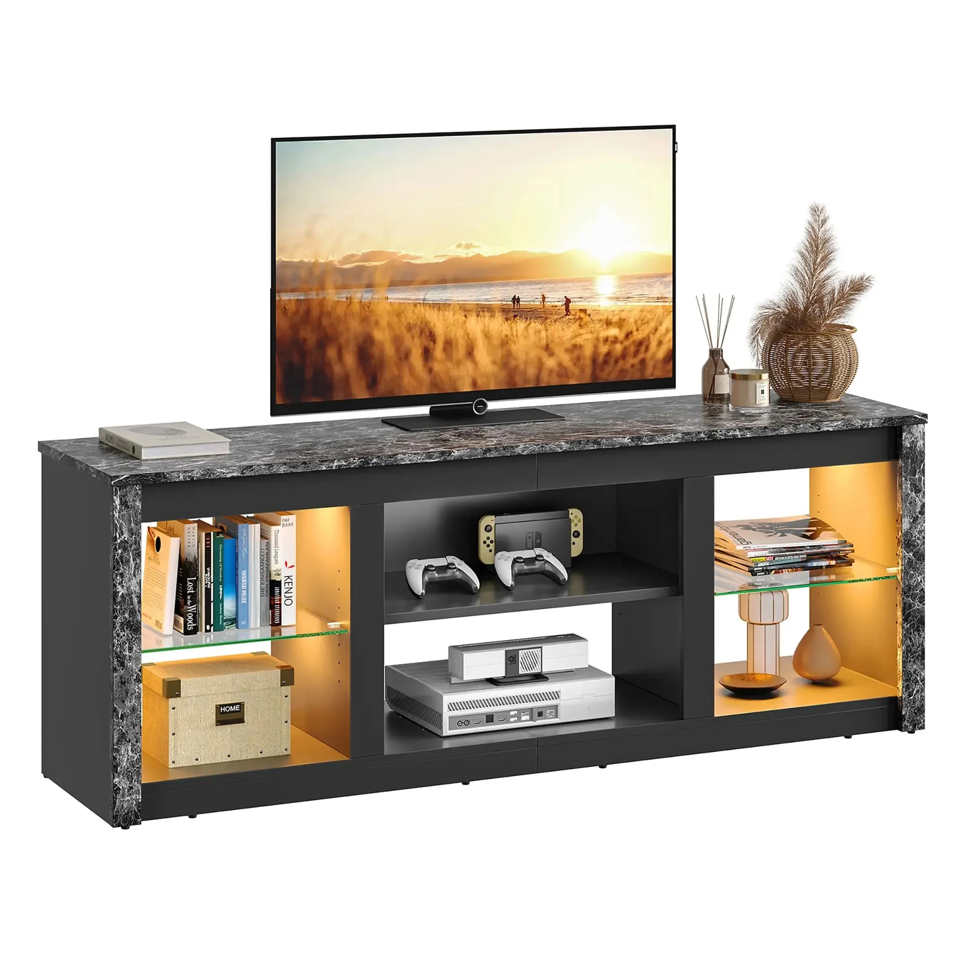 Bestier 63 Inch LED TV Stand with Glass Shelves