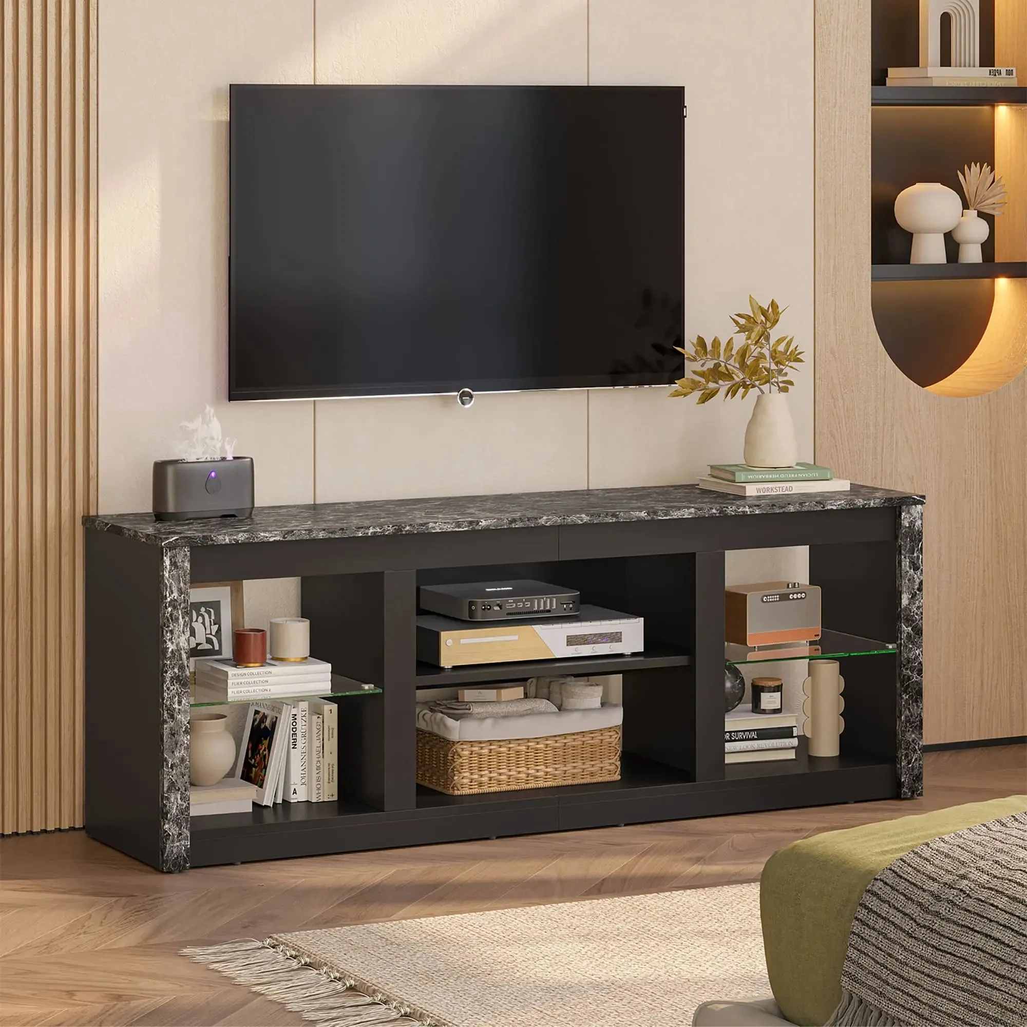 Bestier 63 Inch LED TV Stand with Glass Shelves