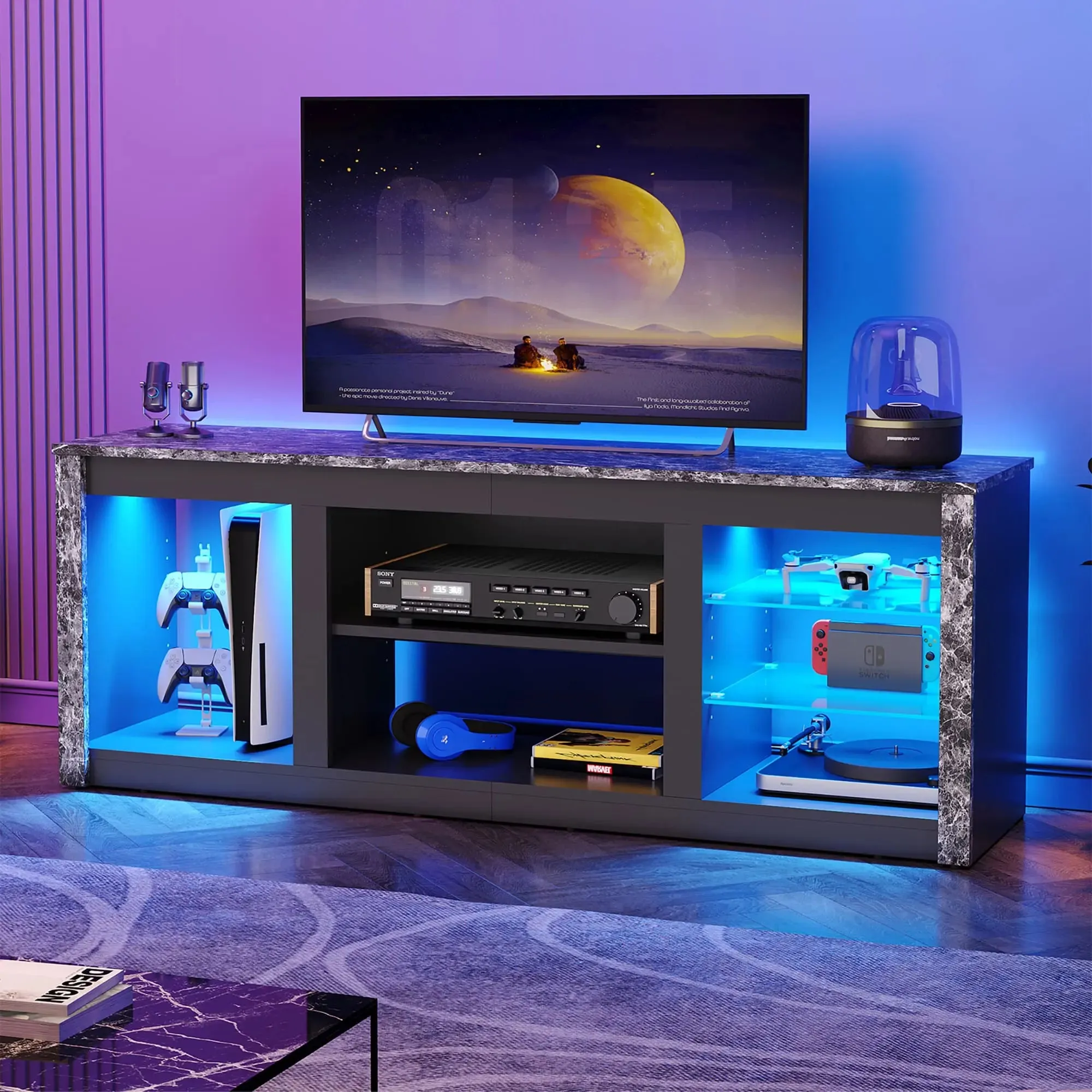 Bestier 63 Inch LED TV Stand with Glass Shelves