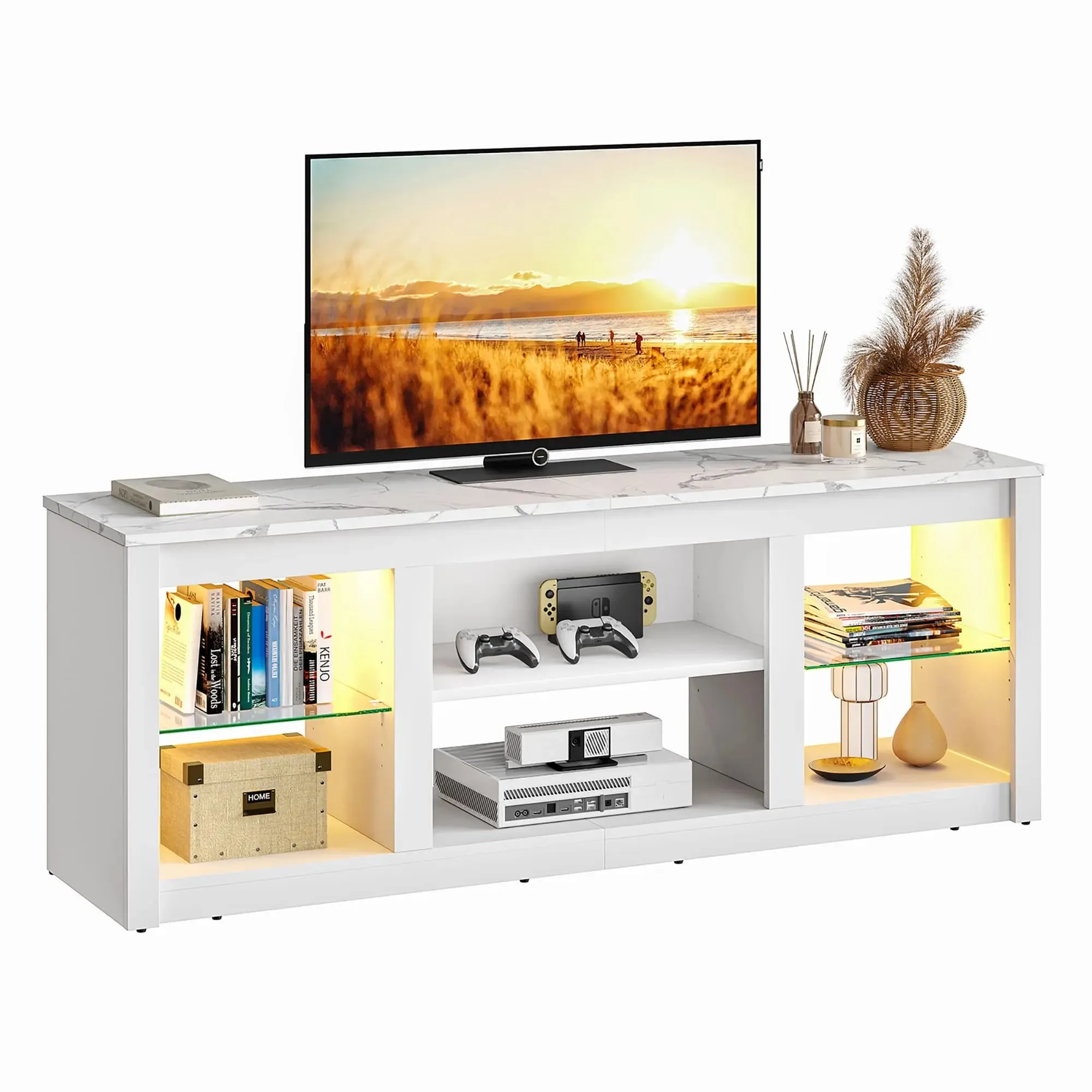 Bestier 63 Inch LED TV Stand with Glass Shelves