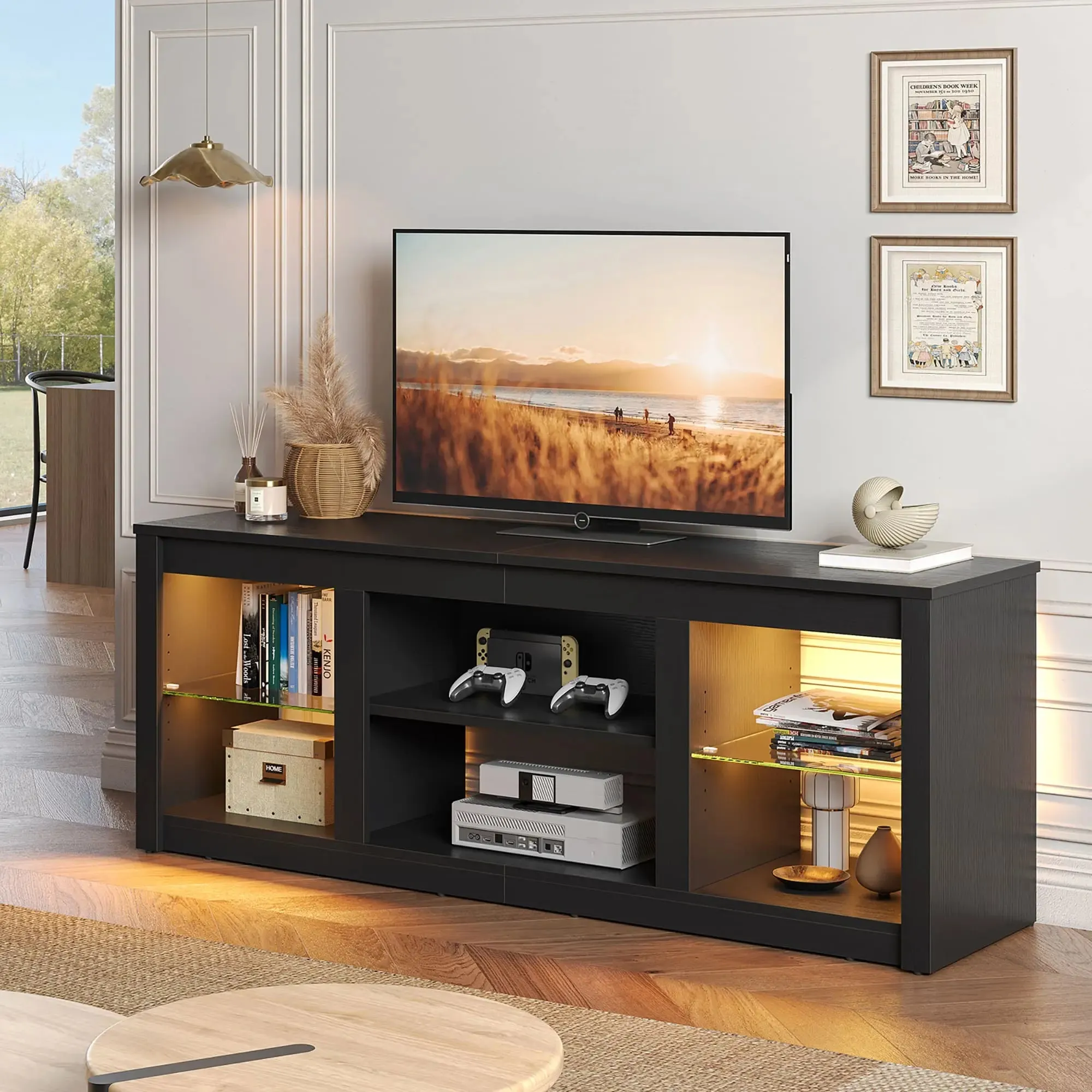 Bestier 63 Inch LED TV Stand with Glass Shelves