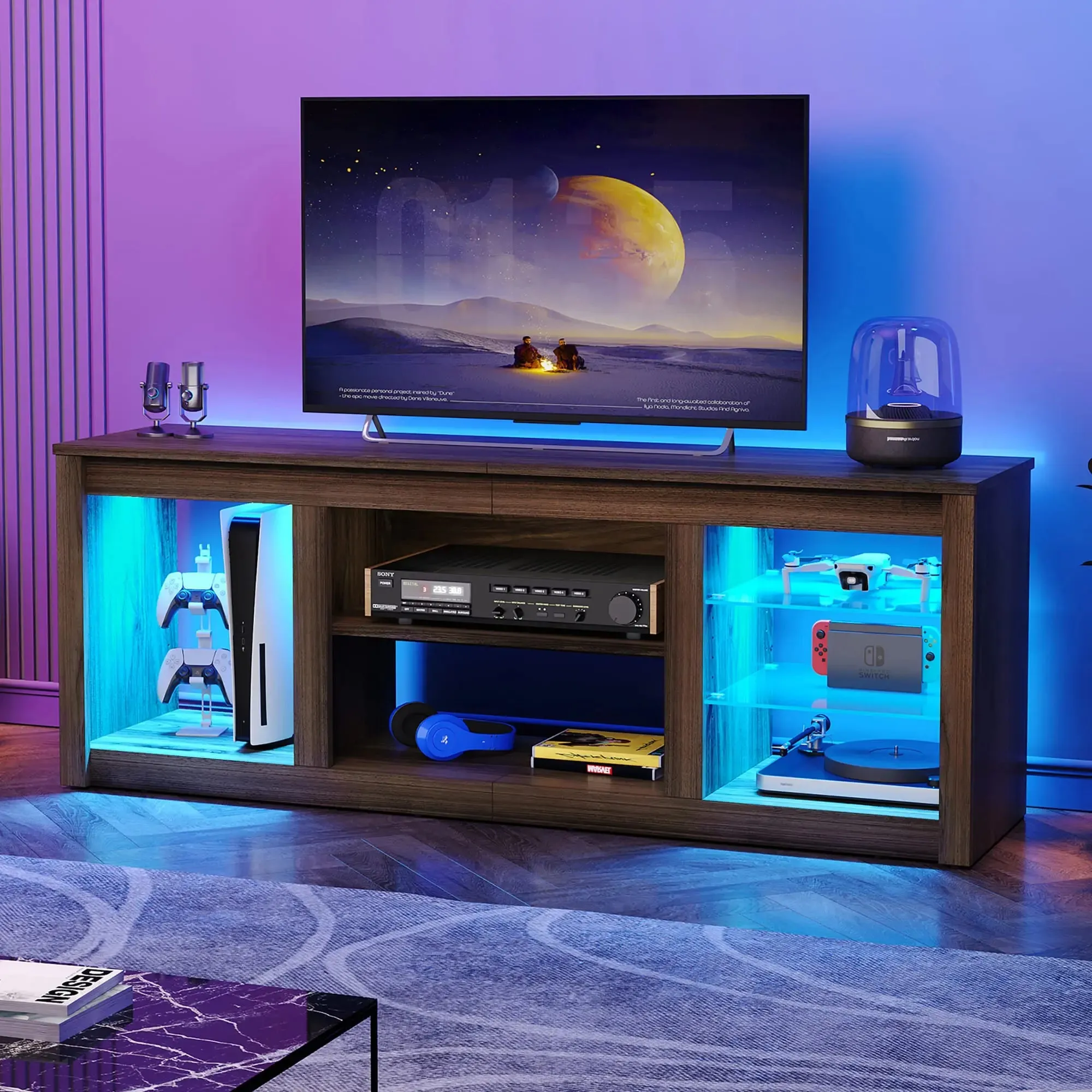 Bestier 63 Inch LED TV Stand with Glass Shelves