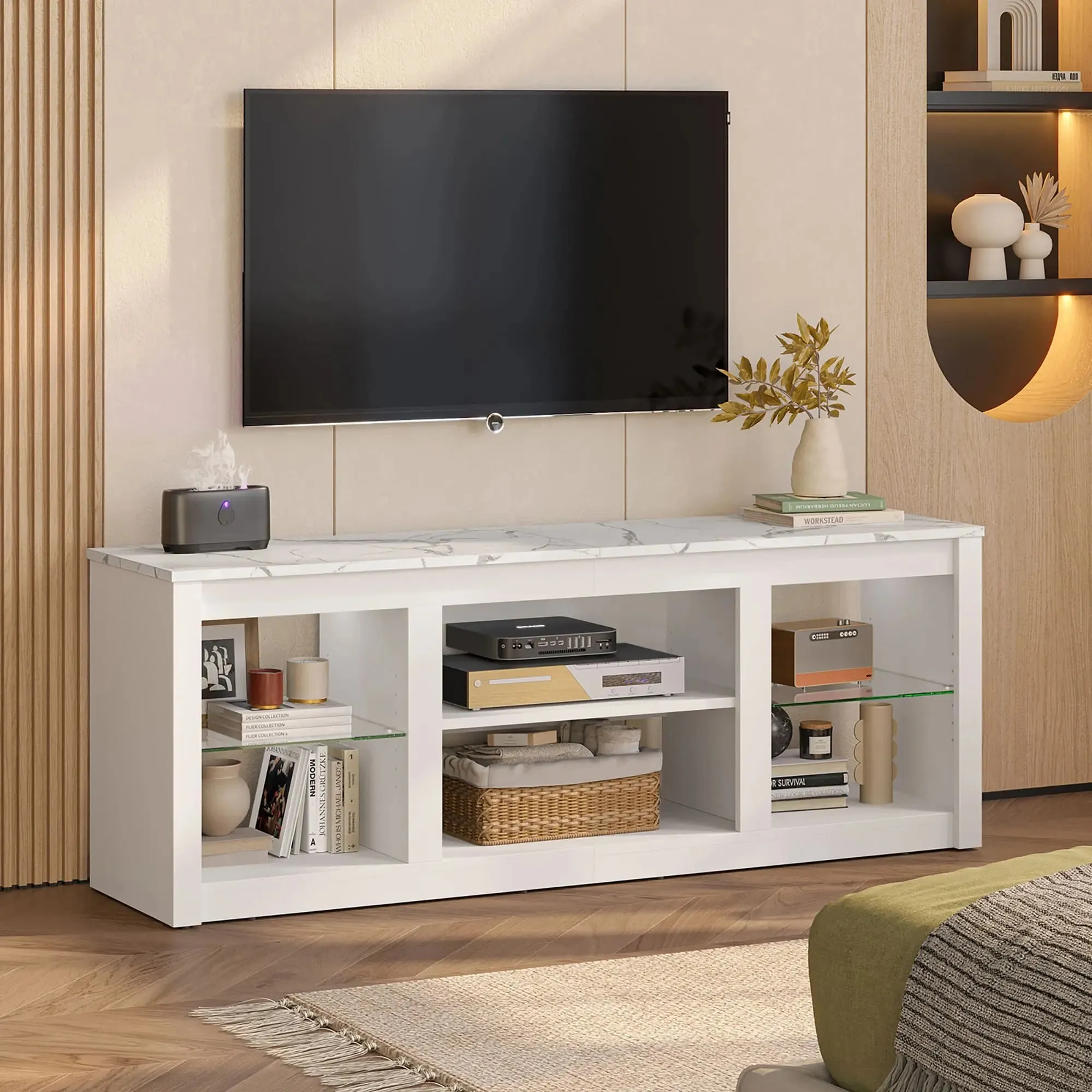 Bestier 63 Inch LED TV Stand with Glass Shelves