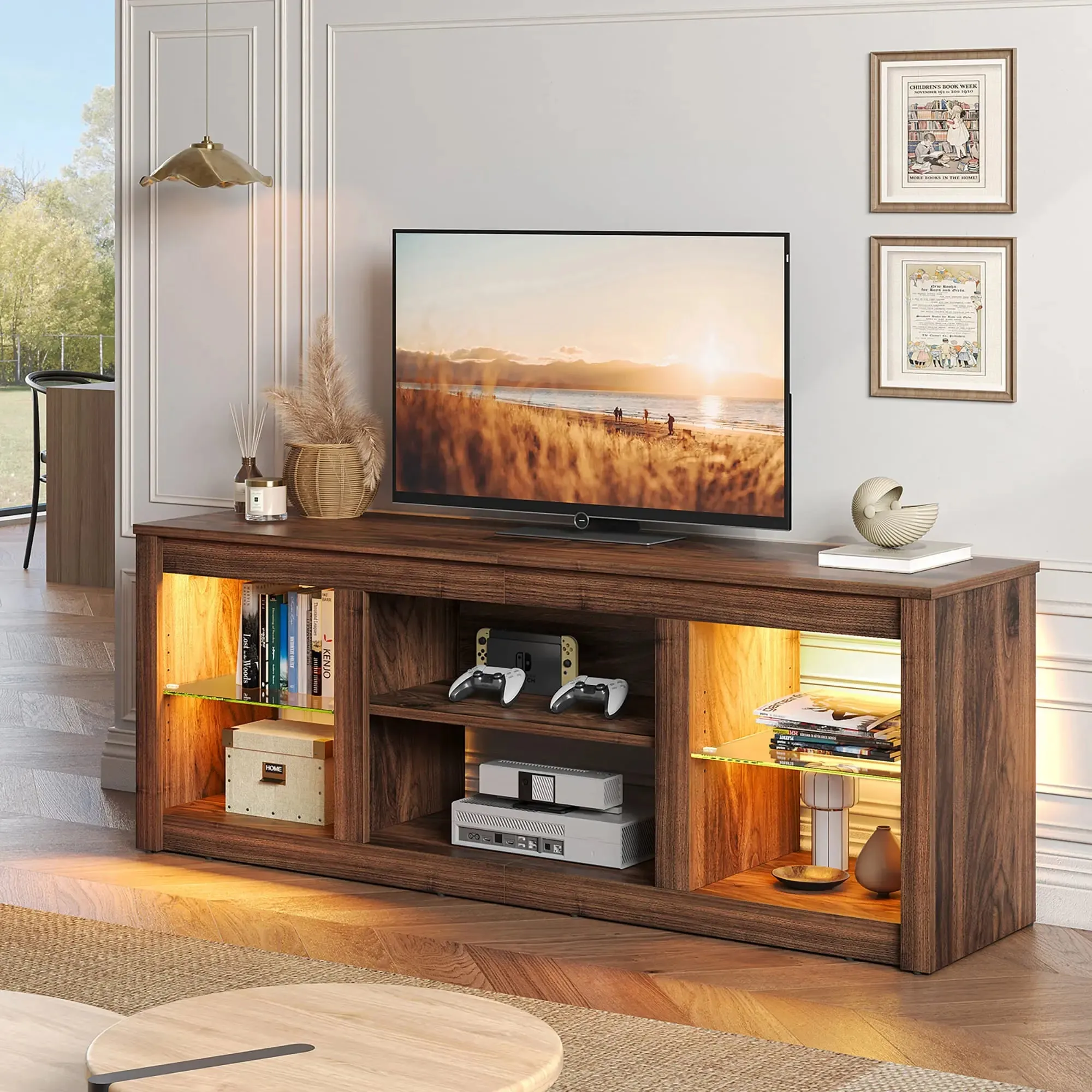 Bestier 63 Inch LED TV Stand with Glass Shelves