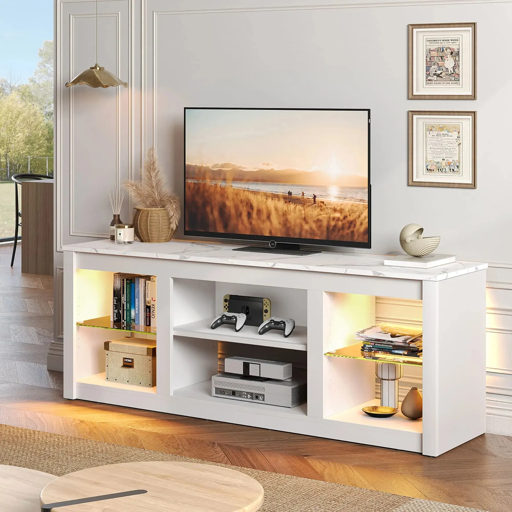 Bestier 63 Inch LED TV Stand with Glass Shelves