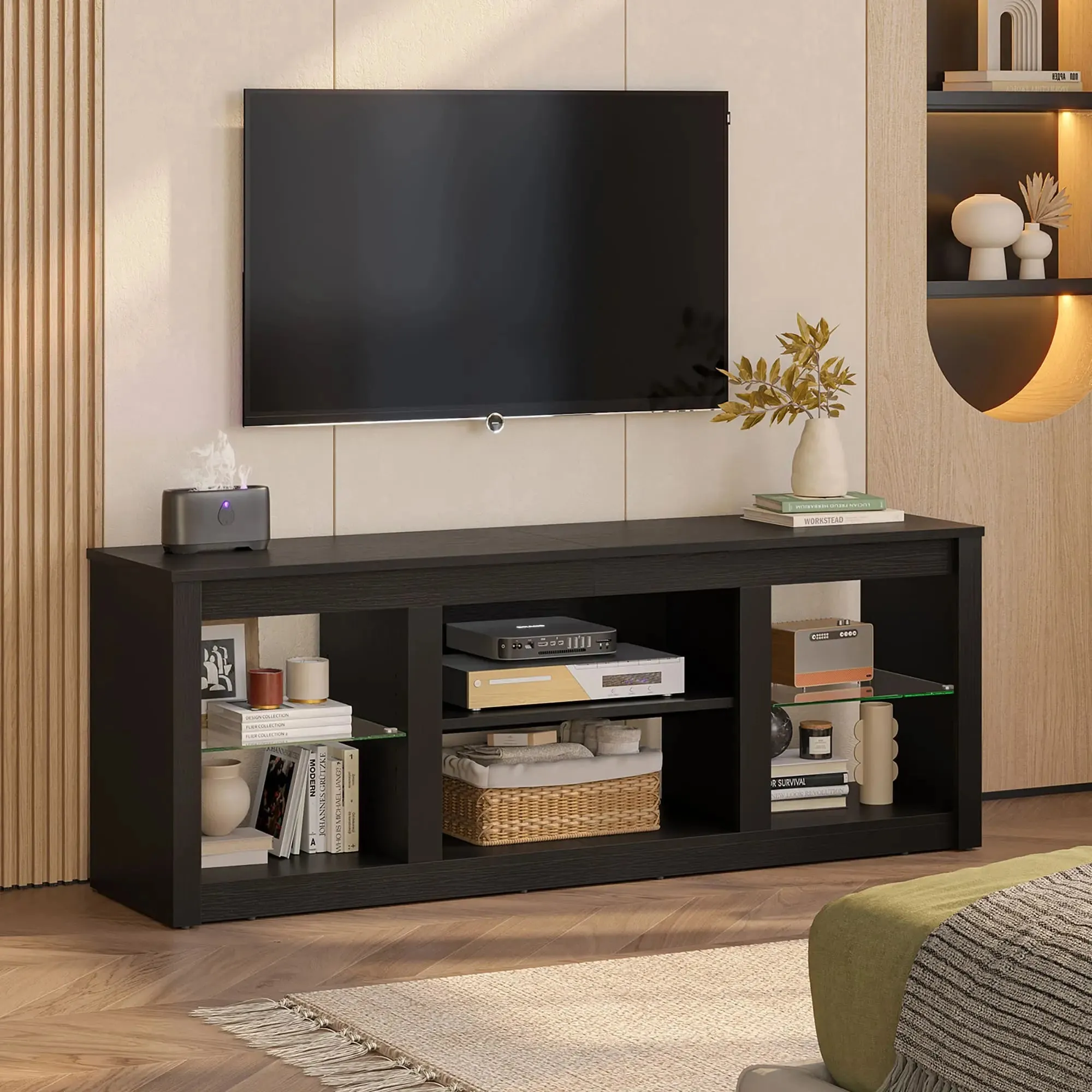 Bestier 63 Inch LED TV Stand with Glass Shelves