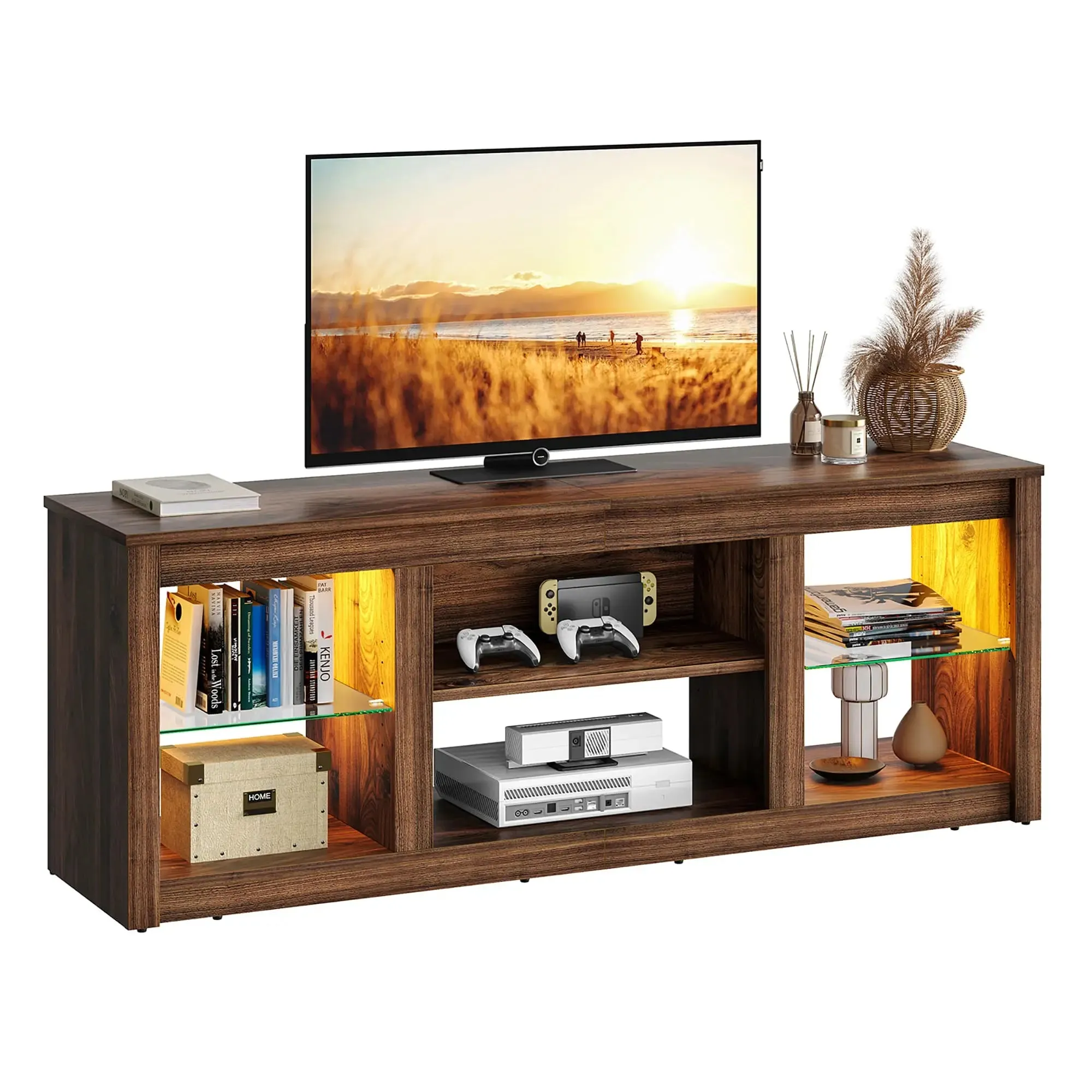 Bestier 63 Inch LED TV Stand with Glass Shelves