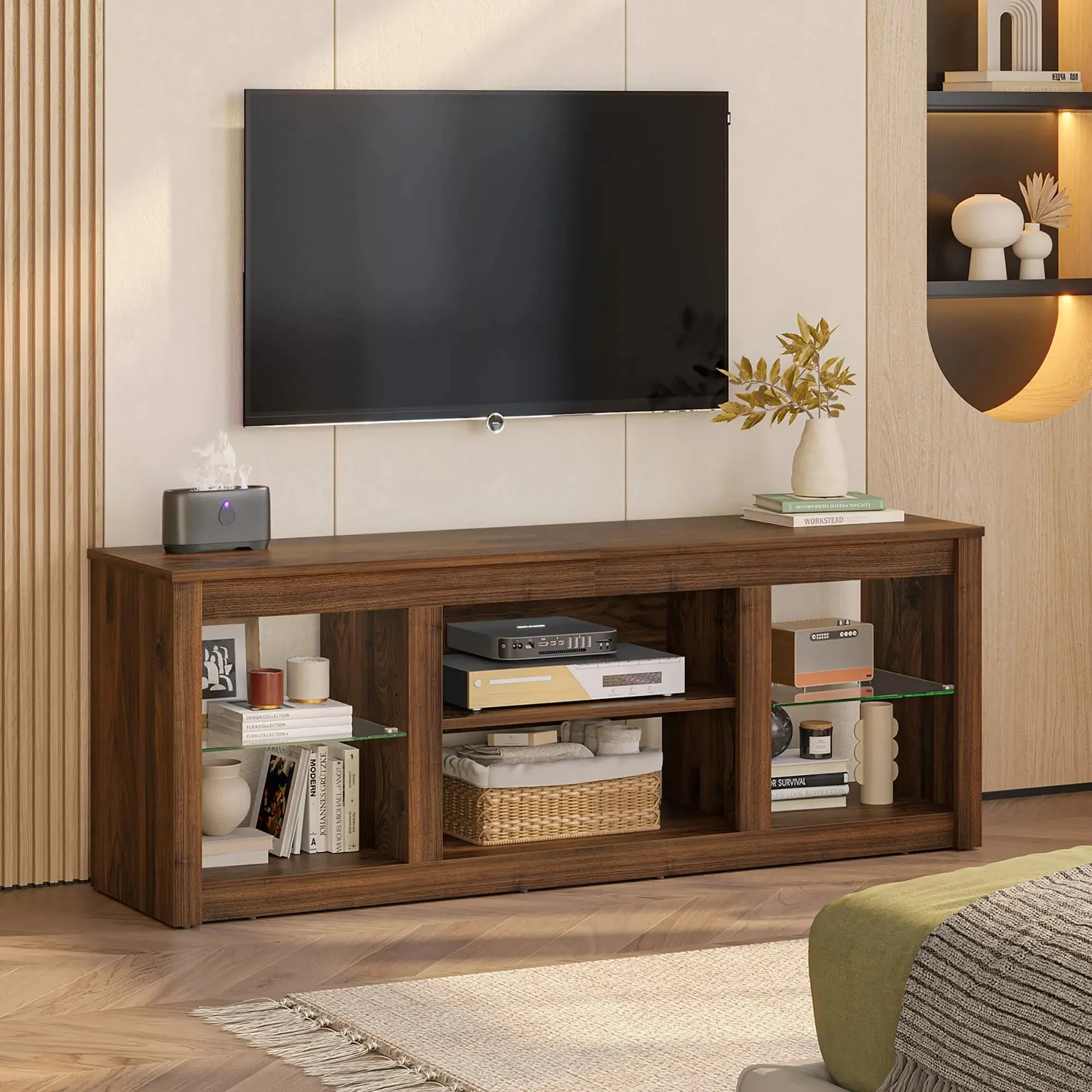 Bestier 63 Inch LED TV Stand with Glass Shelves