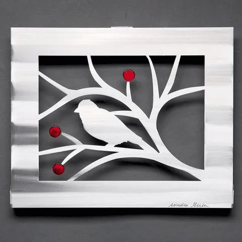 Bird with Berries in Red or Blue Wall Art Hand Painted Brushed Aluminum Wall Sculptures, Metal Petal Art by Sondra Gerber