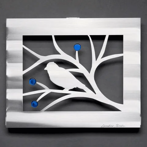 Bird with Berries in Red or Blue Wall Art Hand Painted Brushed Aluminum Wall Sculptures, Metal Petal Art by Sondra Gerber