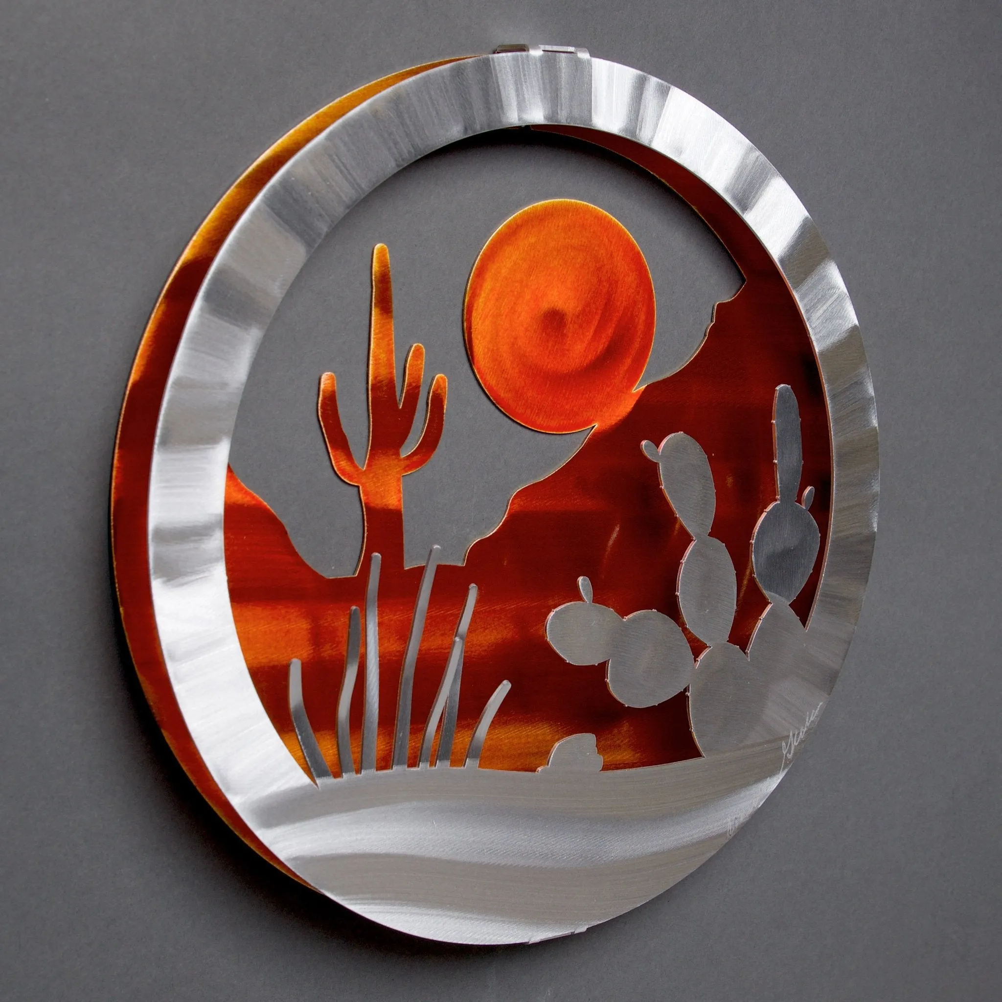 Desert Wall Circle Wall Art Hand Painted Brushed Aluminum Wall Sculptures, Metal Petal Art by Sondra Gerber