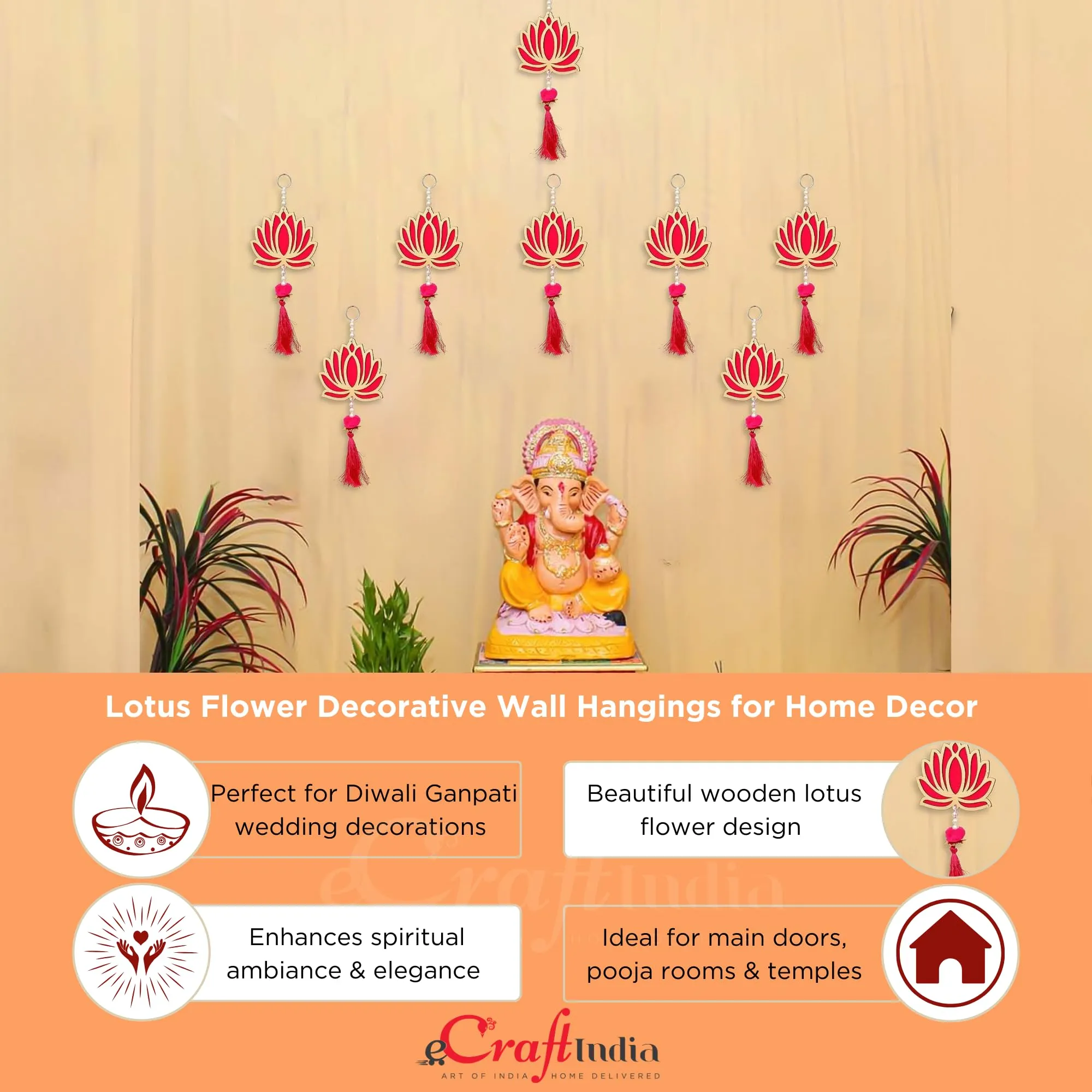 eCraftIndia Lotus Flower Decorative Wall Hanging for Home Decor (Pack of 4) - Lotus Hangings for Main Door Entrance Pooja Room Temple - Wedding, Ganpati Navratri Diwali Decoration Items