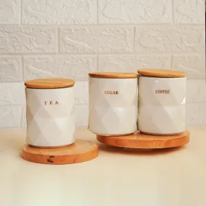 Ekhasa Ceramic Jar with Bamboo Lid and Tray for Multipurpose Kitchen Storage (Set of 3, White, 750 ml Each) | Airtight Container Storage Jar for Kitchen | Tea, Coffee, Sugar Container