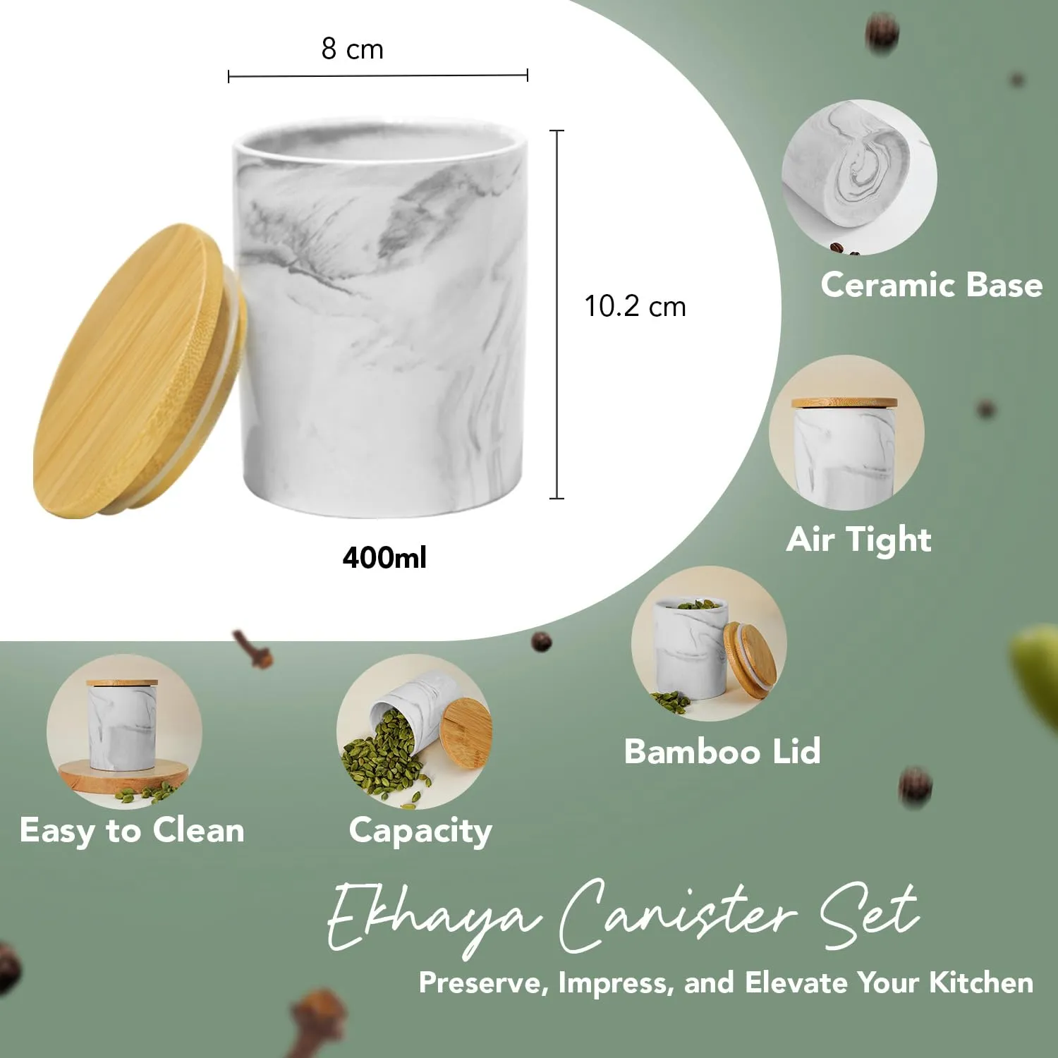 Ekhasa Ceramic Jar with Bamboo Lid for Multipurpose Kitchen Storage (400ml, Grey) | Airtight Container Jar for Kitchen | Tea, Coffee, Sugar, Snacks, Salt Container | Pickle Storage Barni