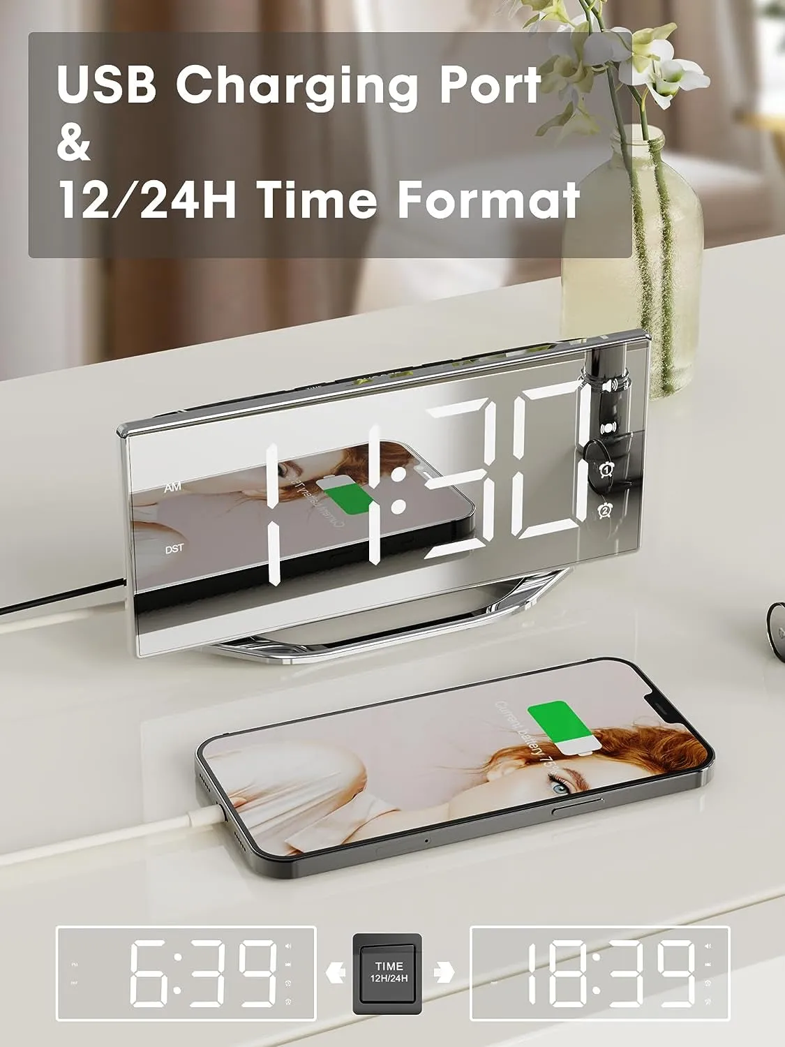 Extra Loud Vibrating Alarm Clock with Bed Shaker for Deep Sleepers Adult Hearing Impaired Deaf, Dual Alarms Digital Clock for Bedroom,8.7'' Large Mirror LED Display,Usb Charger,Battery Backup,Dimmable