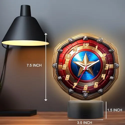 FIVE KRAFT Super Hero Shield Premium Table Clock with LED Base Light in Warm Colour (Table Top Decor for Kids Room)