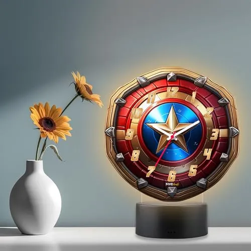 FIVE KRAFT Super Hero Shield Premium Table Clock with LED Base Light in Warm Colour (Table Top Decor for Kids Room)