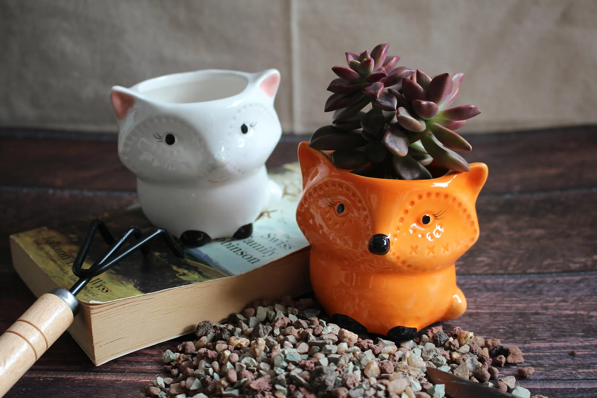 Fox Succulent Planters 2 Pack Ceramic Flower Pots with Drainage Hole