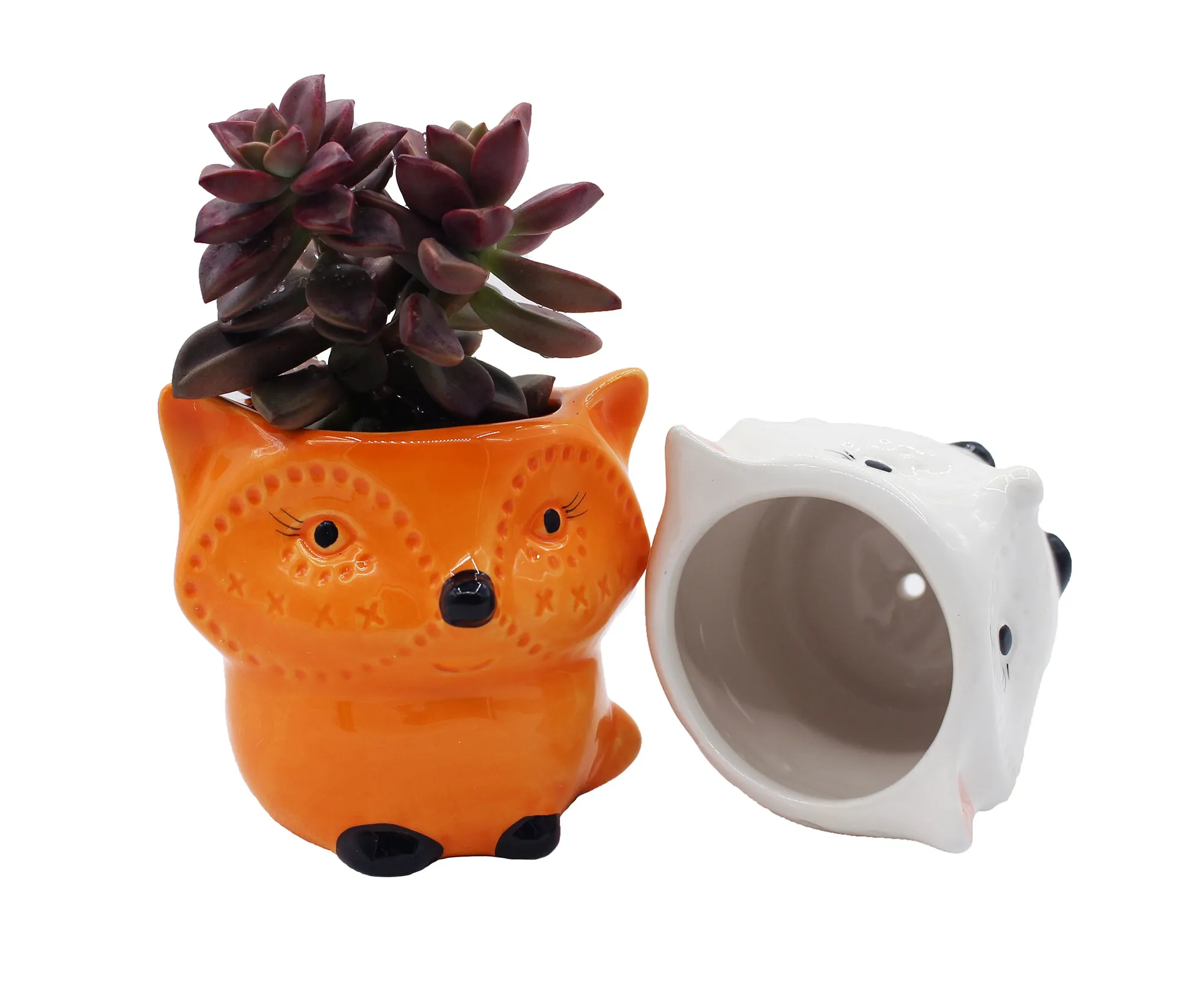 Fox Succulent Planters 2 Pack Ceramic Flower Pots with Drainage Hole