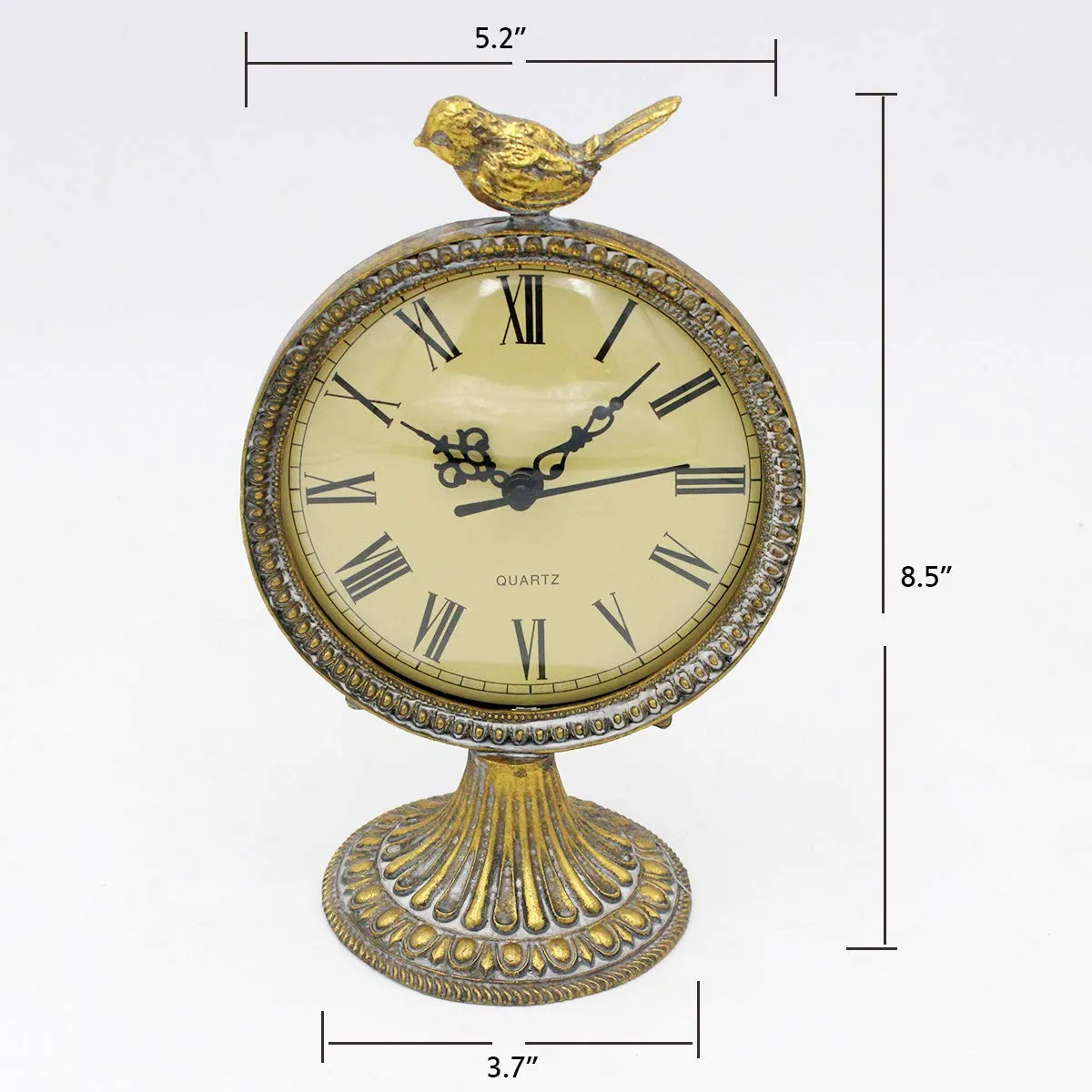 Funly mee Vintage Pewter Table Clock with Cute Bird,Antique Gold