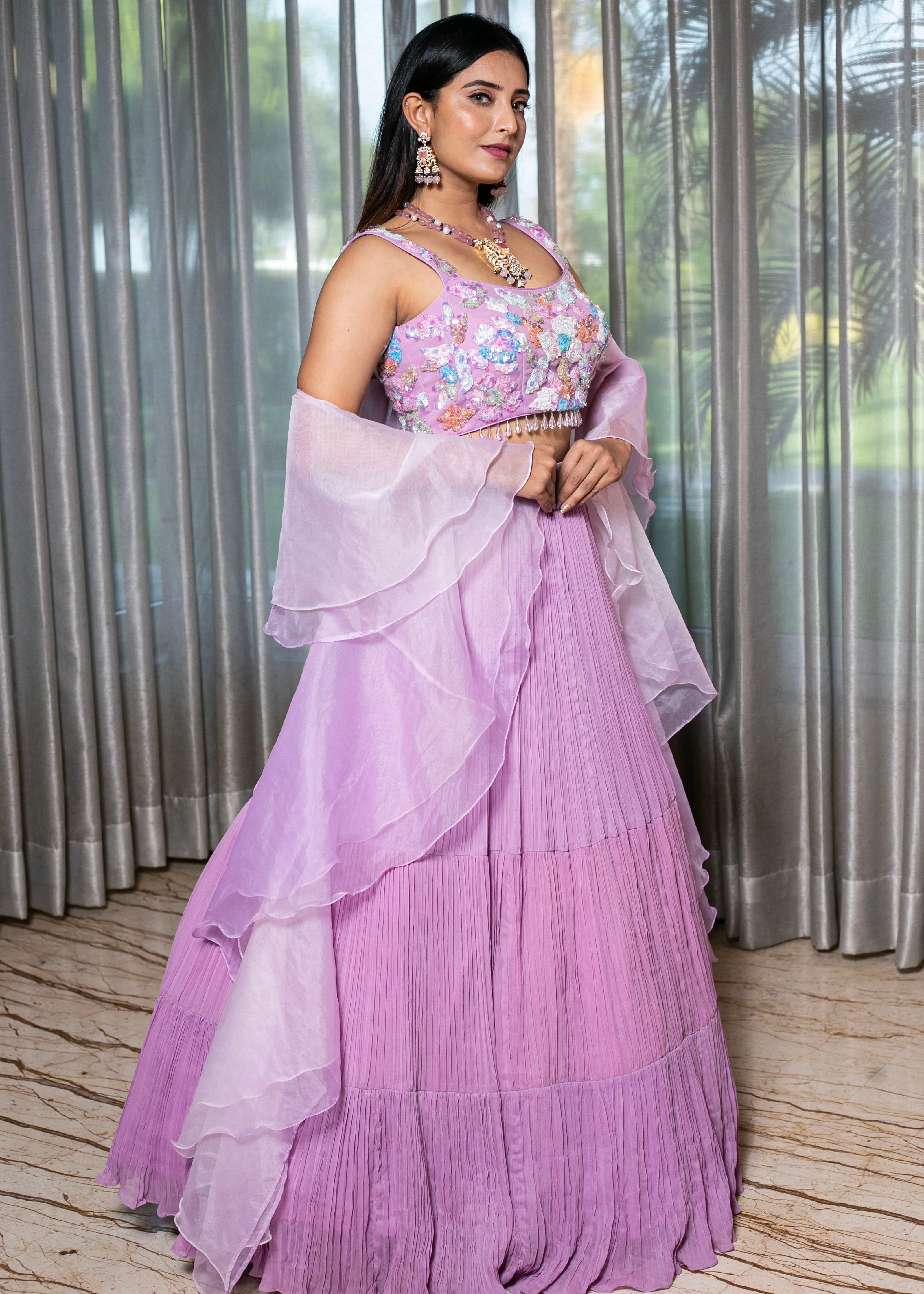 Handcrafted Lilac Lehenga with Multi-Color Sequence Blouse and Ruffle Organza Dupatta