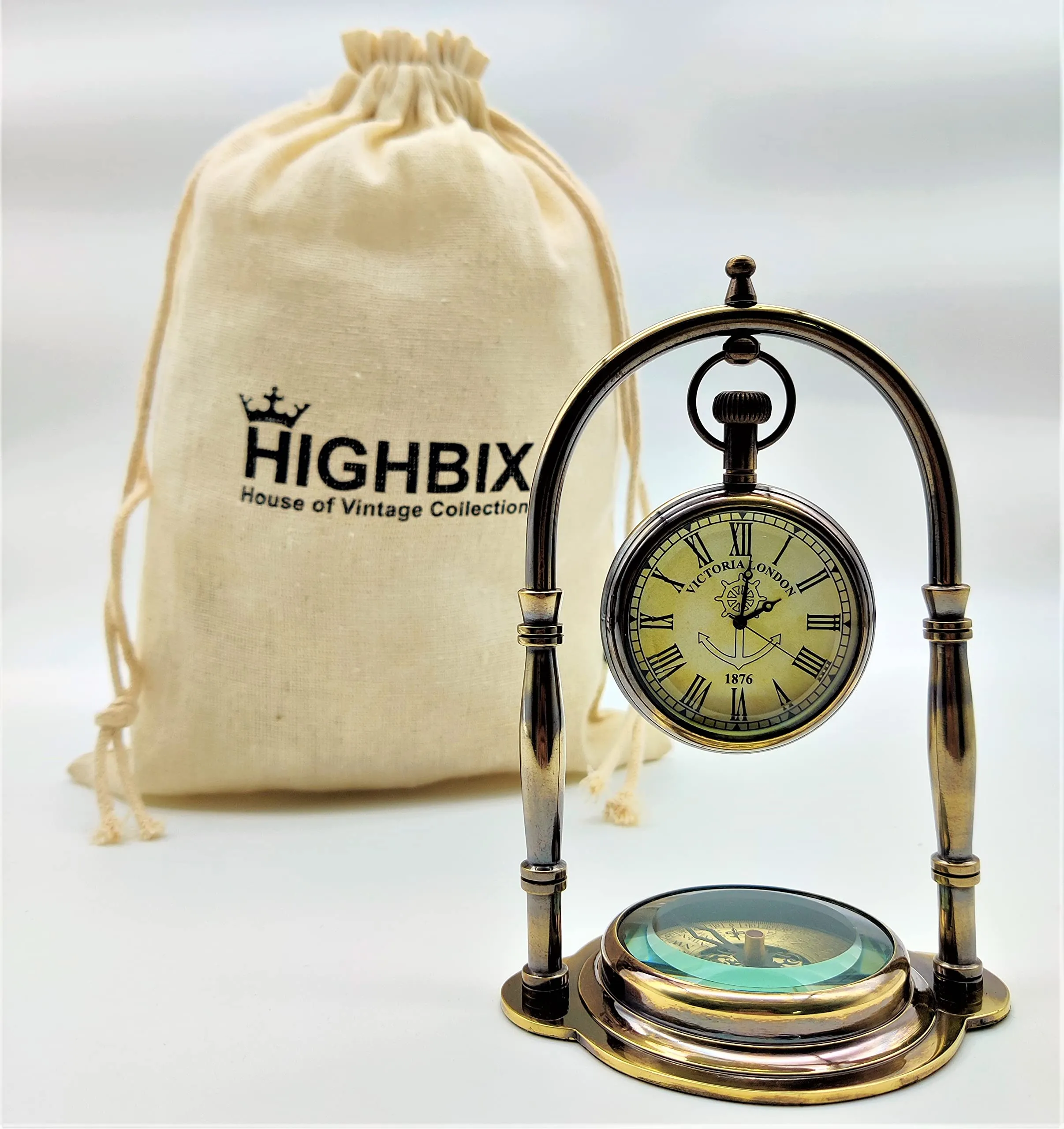 HIGHBIX Antique Victoria London Table Clock with Maritime Vintage Brass Compass (Brown)