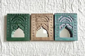 Infinite Art Decorative Wall Hanging Frames with Arched Designs, Set of 3, Green, Brown, Teal | Small 7 X 8 Inches Decorative Mirror (Pack of 3)