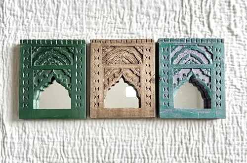 Infinite Art Decorative Wall Hanging Frames with Arched Designs, Set of 3, Green, Brown, Teal | Small 7 X 8 Inches Decorative Mirror (Pack of 3)