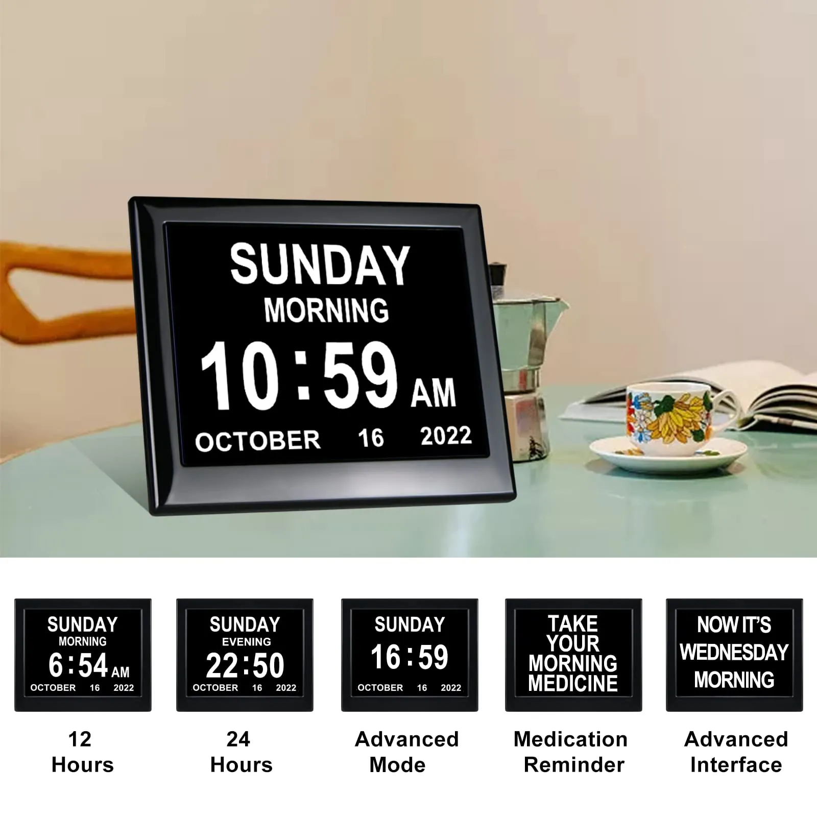 KASTISS Digital Calendar Day Clock - Extra Large Impaired Vision Digital Clock, Clock for Elderly, Programmable Medication Reminder Best Gifts for Mom(8 inch Black)